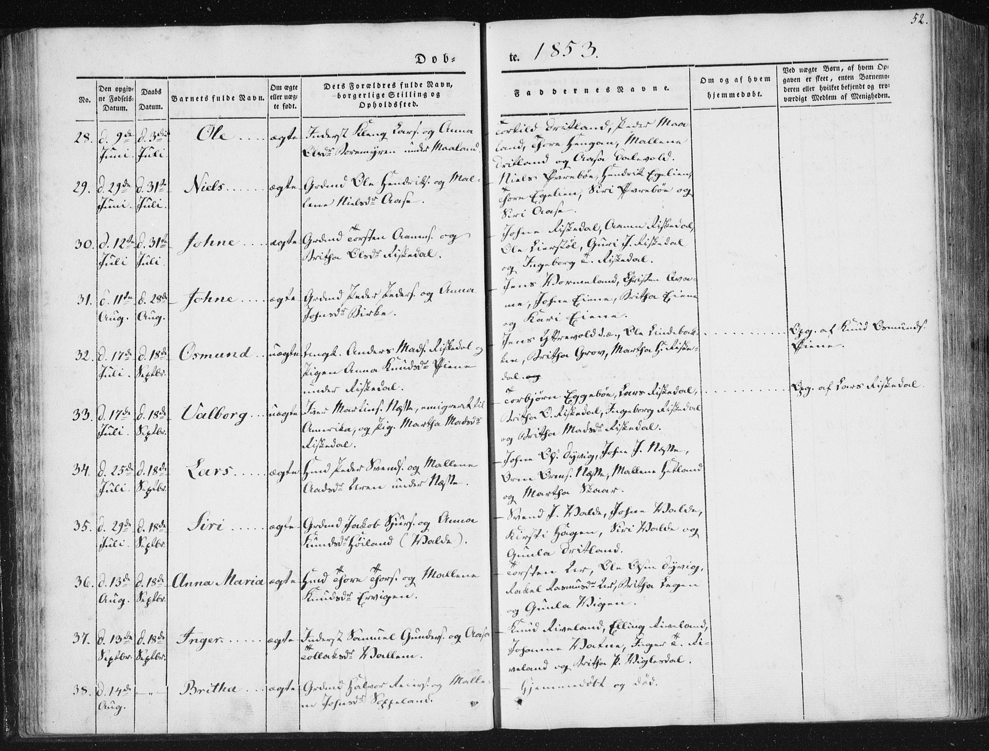Hjelmeland sokneprestkontor, SAST/A-101843/01/IV/L0008: Parish register (official) no. A 8, 1842-1861, p. 52