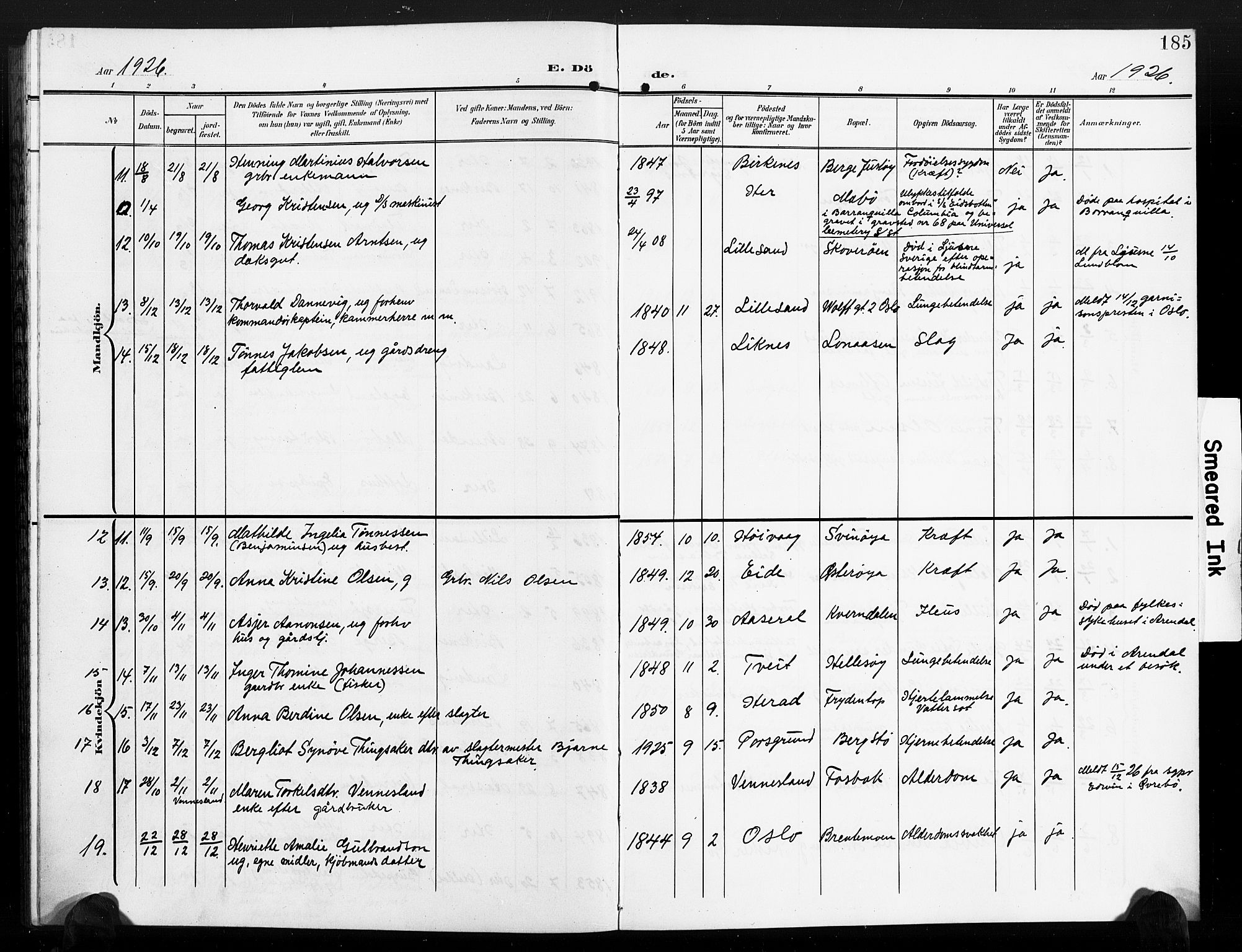 Vestre Moland sokneprestkontor, AV/SAK-1111-0046/F/Fb/Fbb/L0007: Parish register (copy) no. B 7, 1906-1929, p. 185