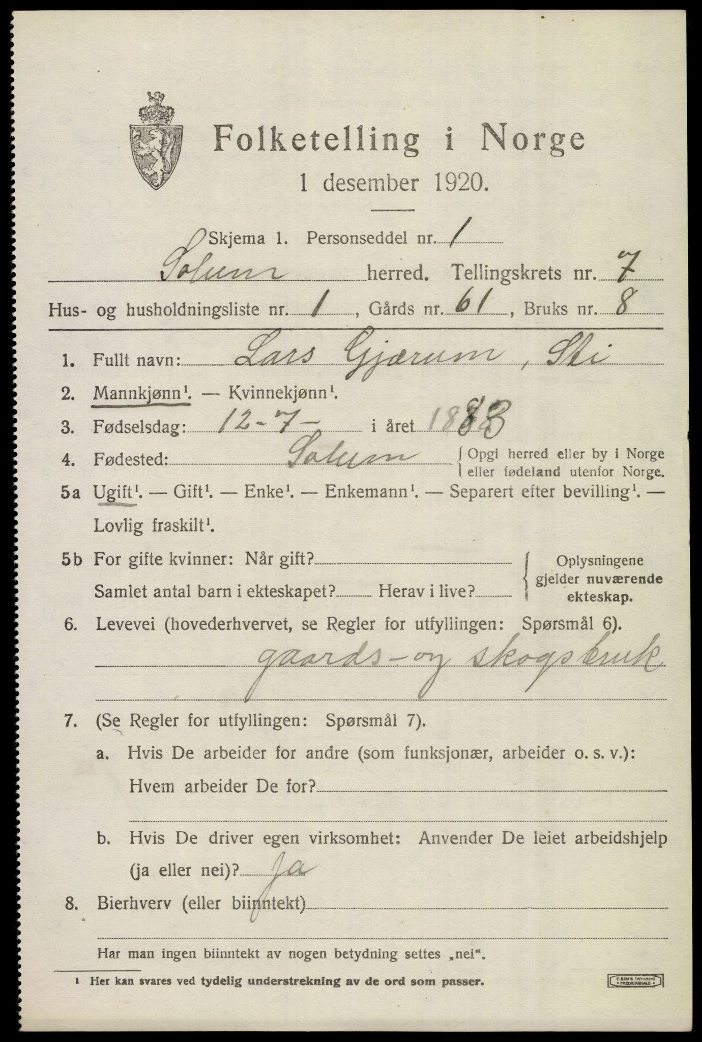 SAKO, 1920 census for Solum, 1920, p. 13824