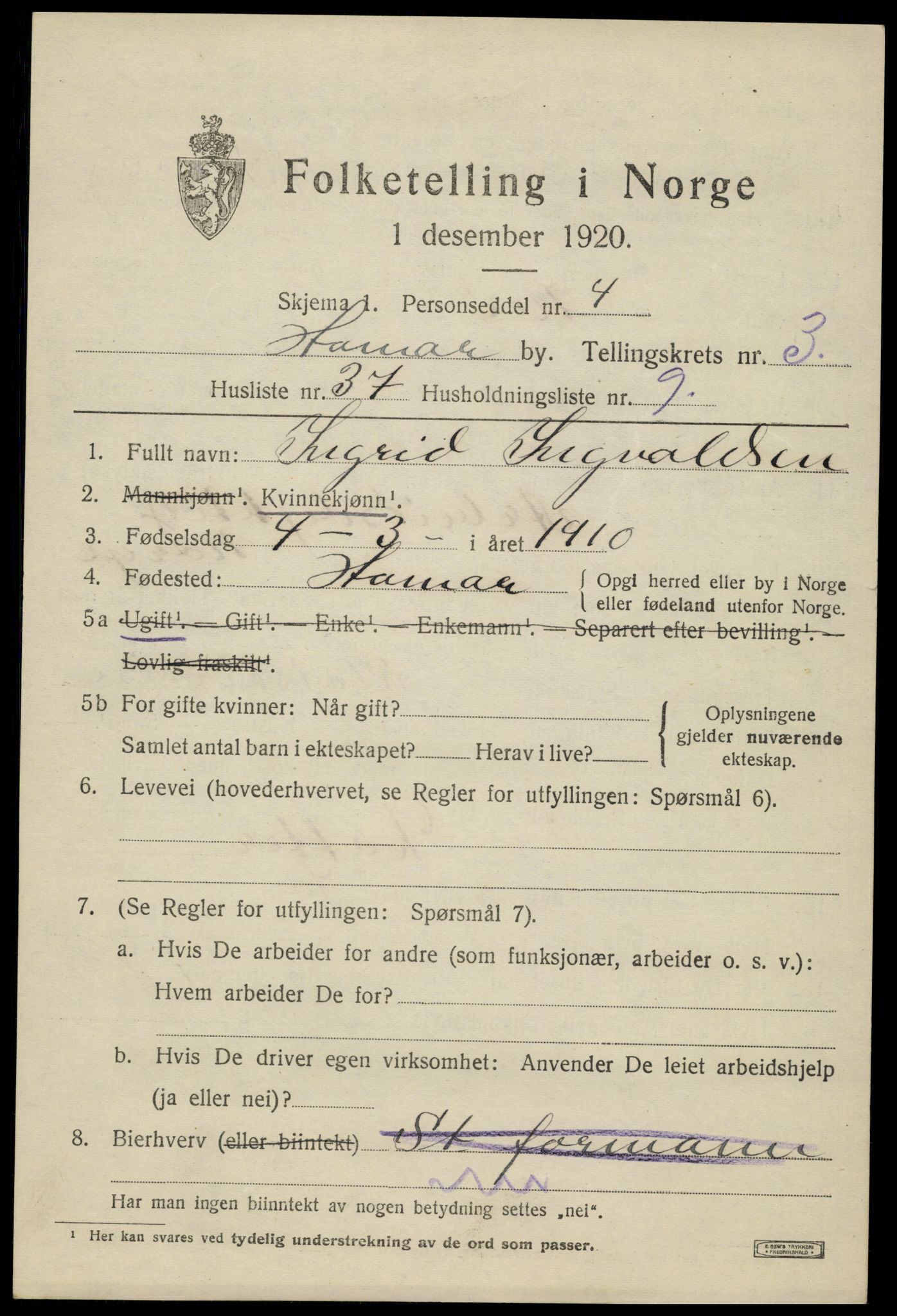 SAH, 1920 census for Hamar, 1920, p. 7787