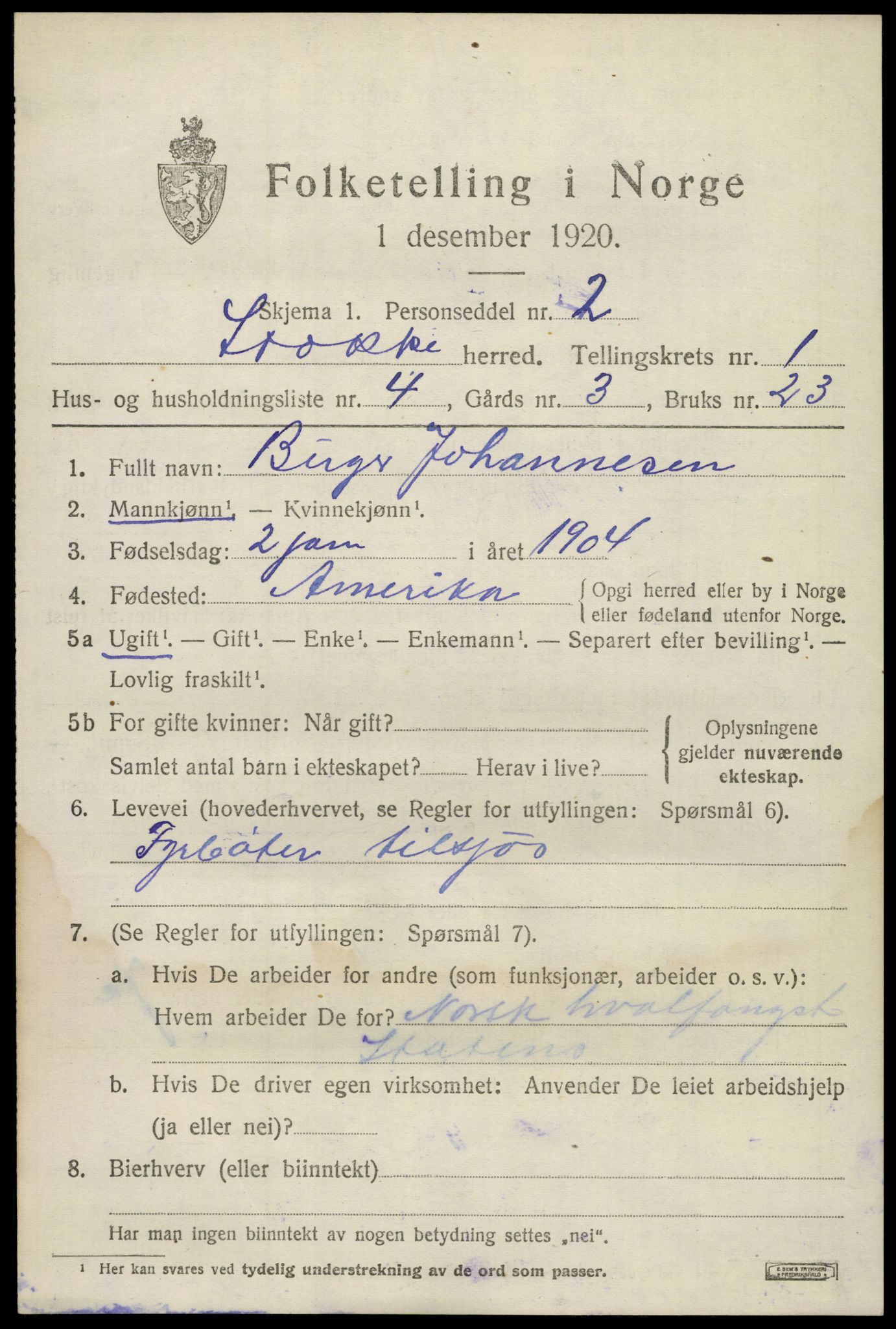 SAKO, 1920 census for Stokke, 1920, p. 2072