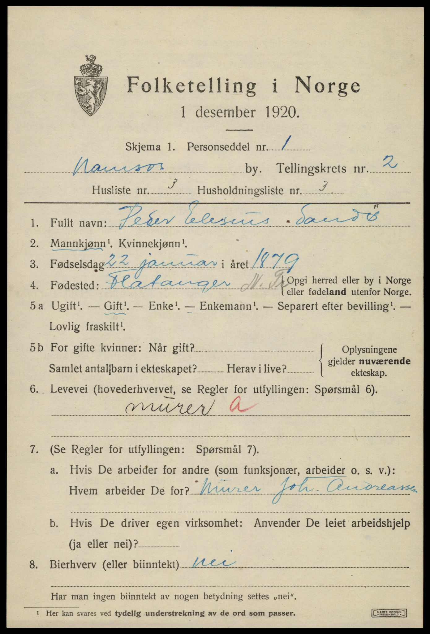 SAT, 1920 census for Namsos, 1920, p. 3167