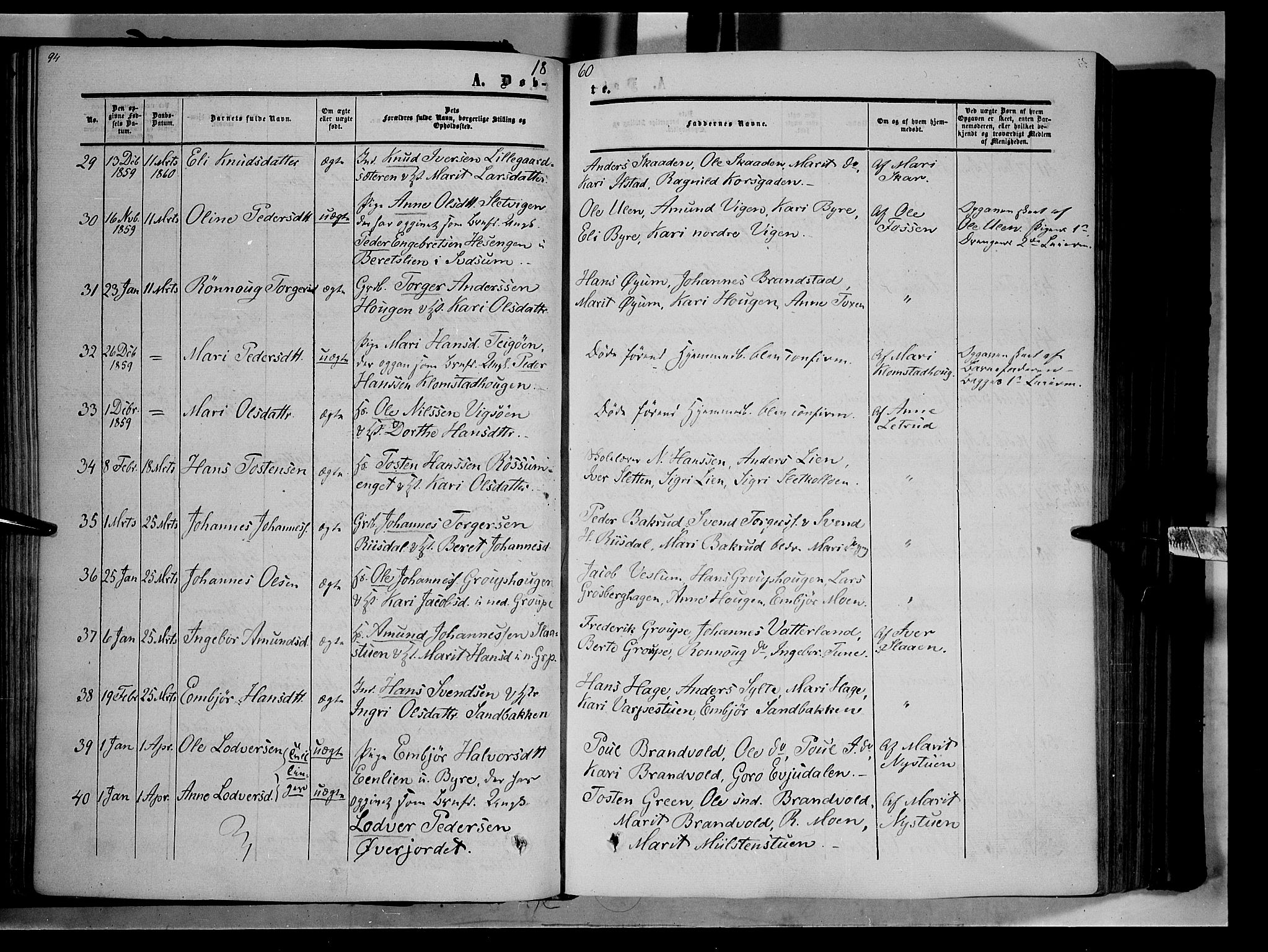 Nord-Fron prestekontor, AV/SAH-PREST-080/H/Ha/Haa/L0001: Parish register (official) no. 1, 1851-1864, p. 94