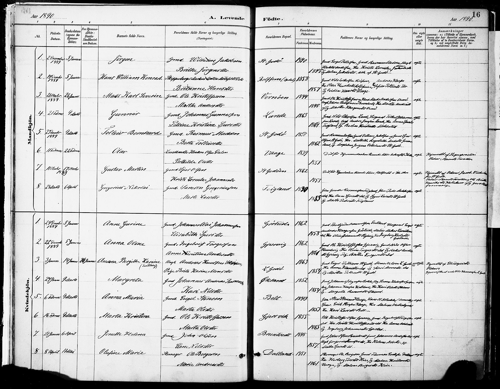 Tysnes sokneprestembete, SAB/A-78601/H/Haa: Parish register (official) no. B 1, 1887-1906, p. 16