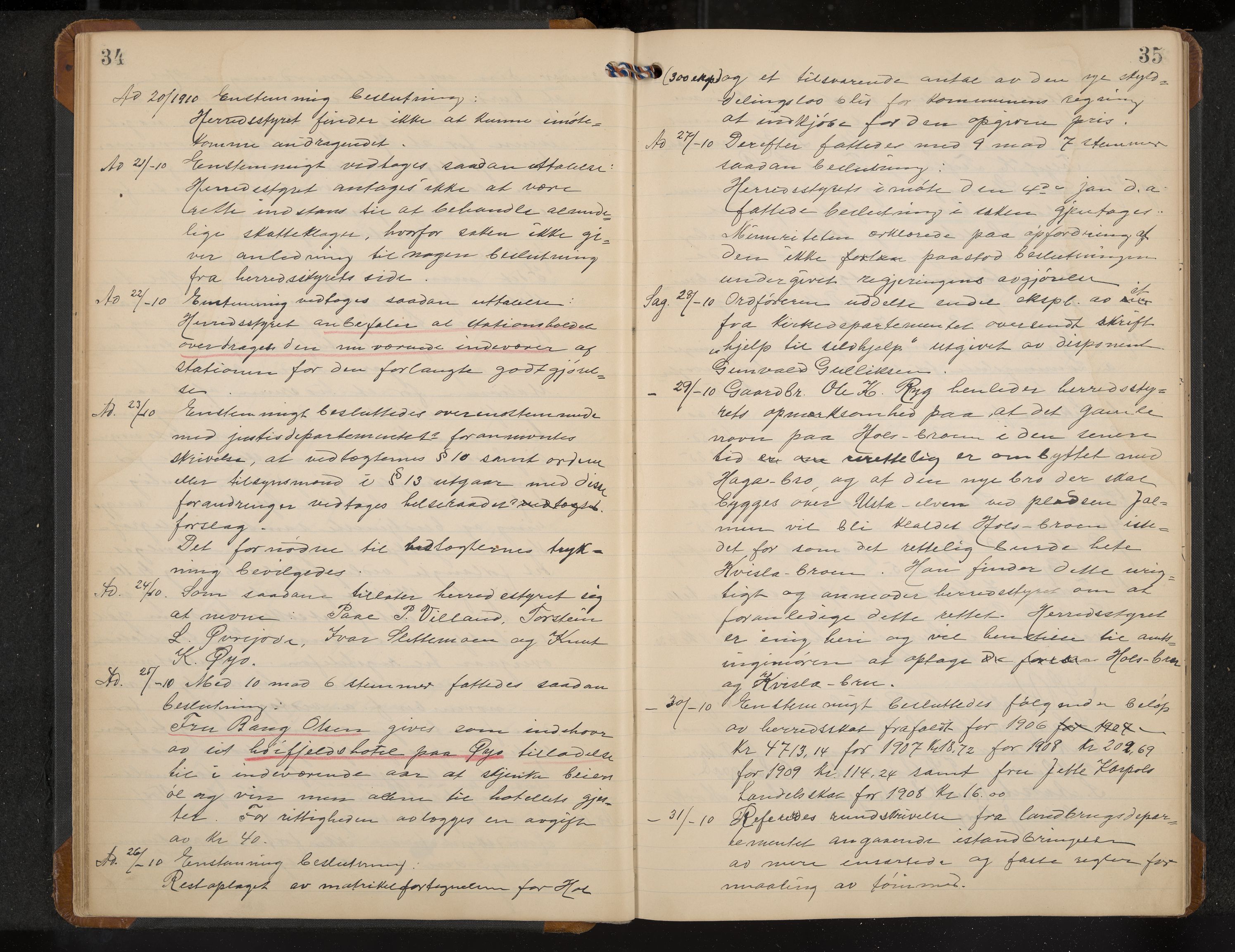 Hol formannskap og sentraladministrasjon, IKAK/0620021-1/A/L0005: Møtebok, 1909-1915, p. 34-35