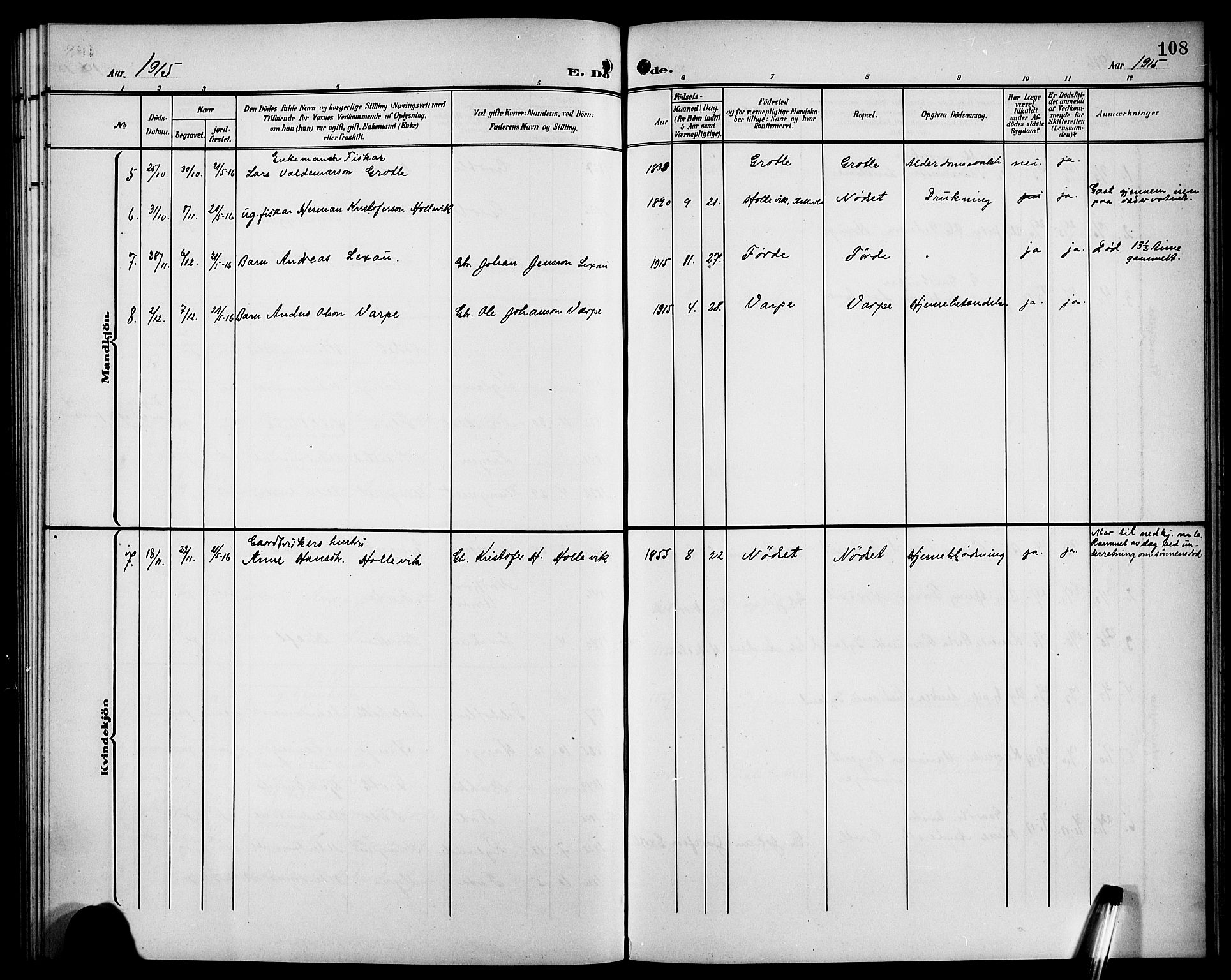 Bremanger sokneprestembete, SAB/A-82201/H/Hab/Habc/L0001: Parish register (copy) no. C 1, 1908-1919, p. 108