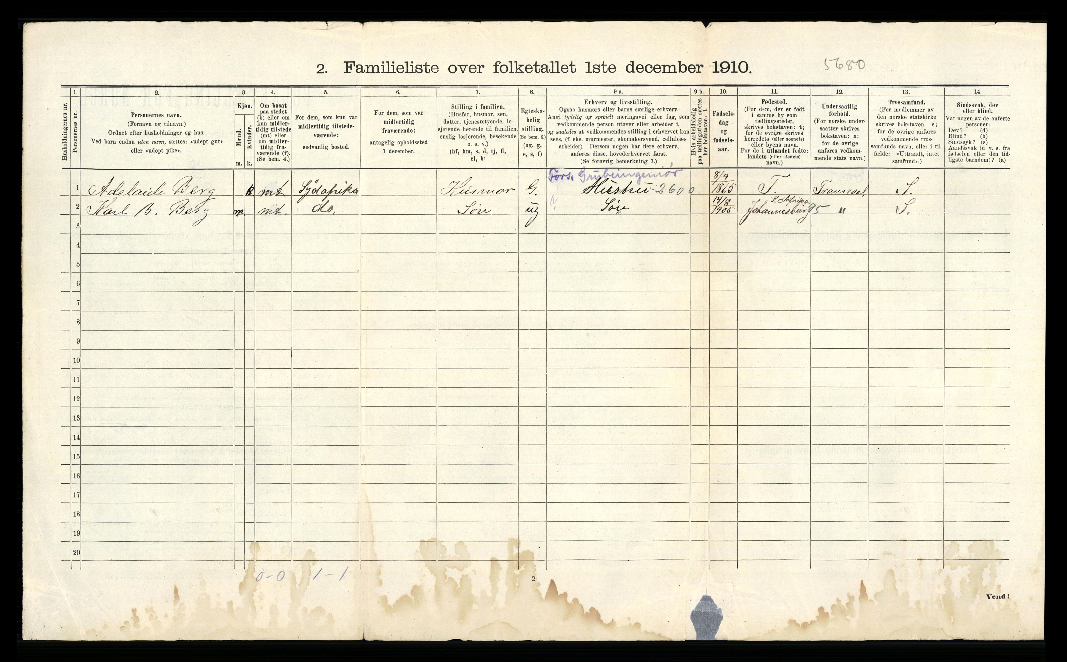 RA, 1910 census for Lillehammer, 1910, p. 1578