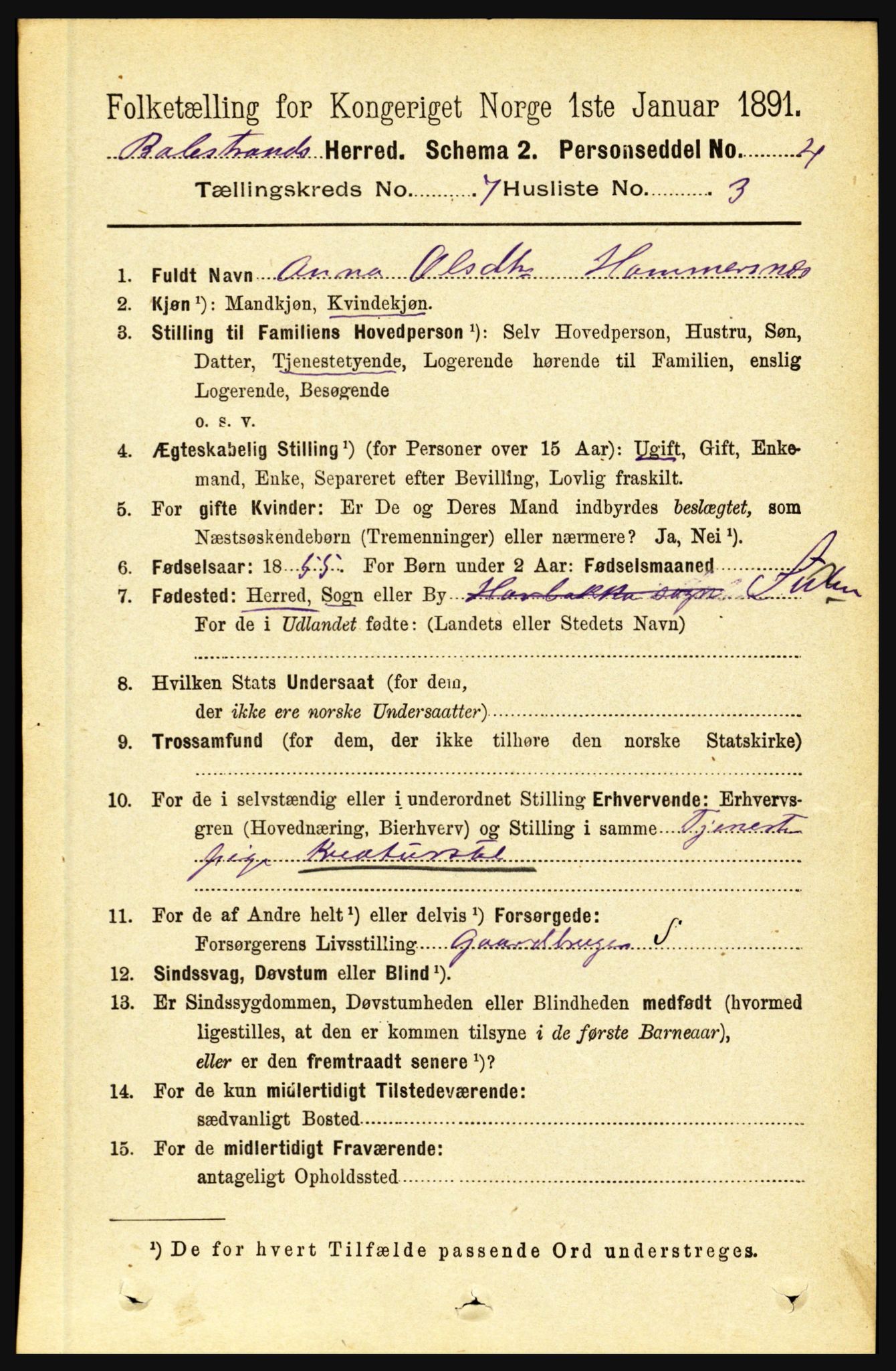 RA, 1891 census for 1418 Balestrand, 1891, p. 1532