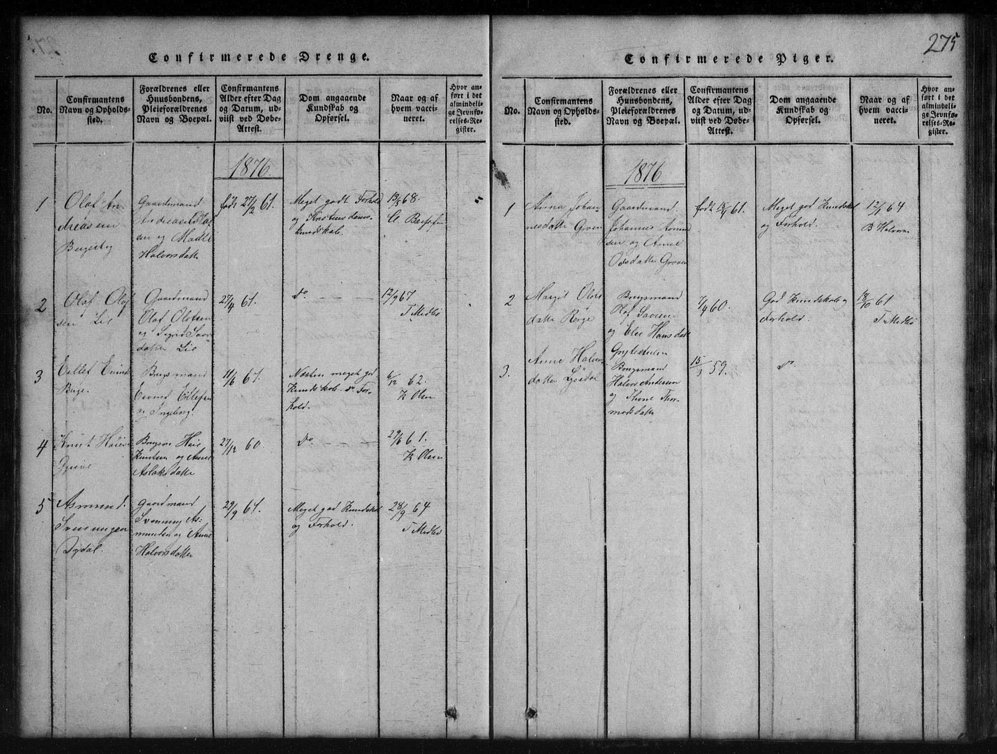 Rauland kirkebøker, SAKO/A-292/G/Gb/L0001: Parish register (copy) no. II 1, 1815-1886, p. 275