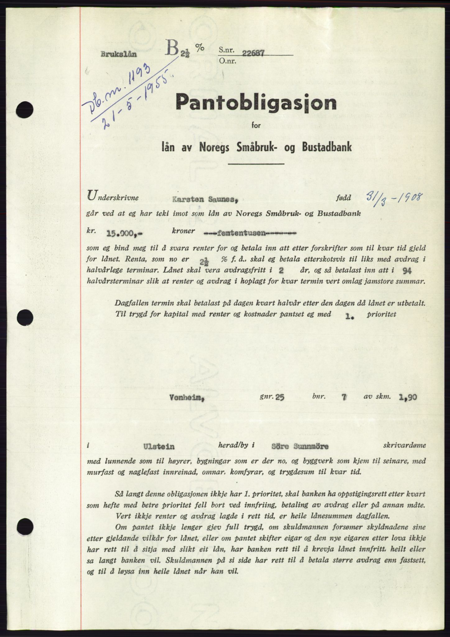 Søre Sunnmøre sorenskriveri, AV/SAT-A-4122/1/2/2C/L0126: Mortgage book no. 14B, 1954-1955, Diary no: : 1193/1955