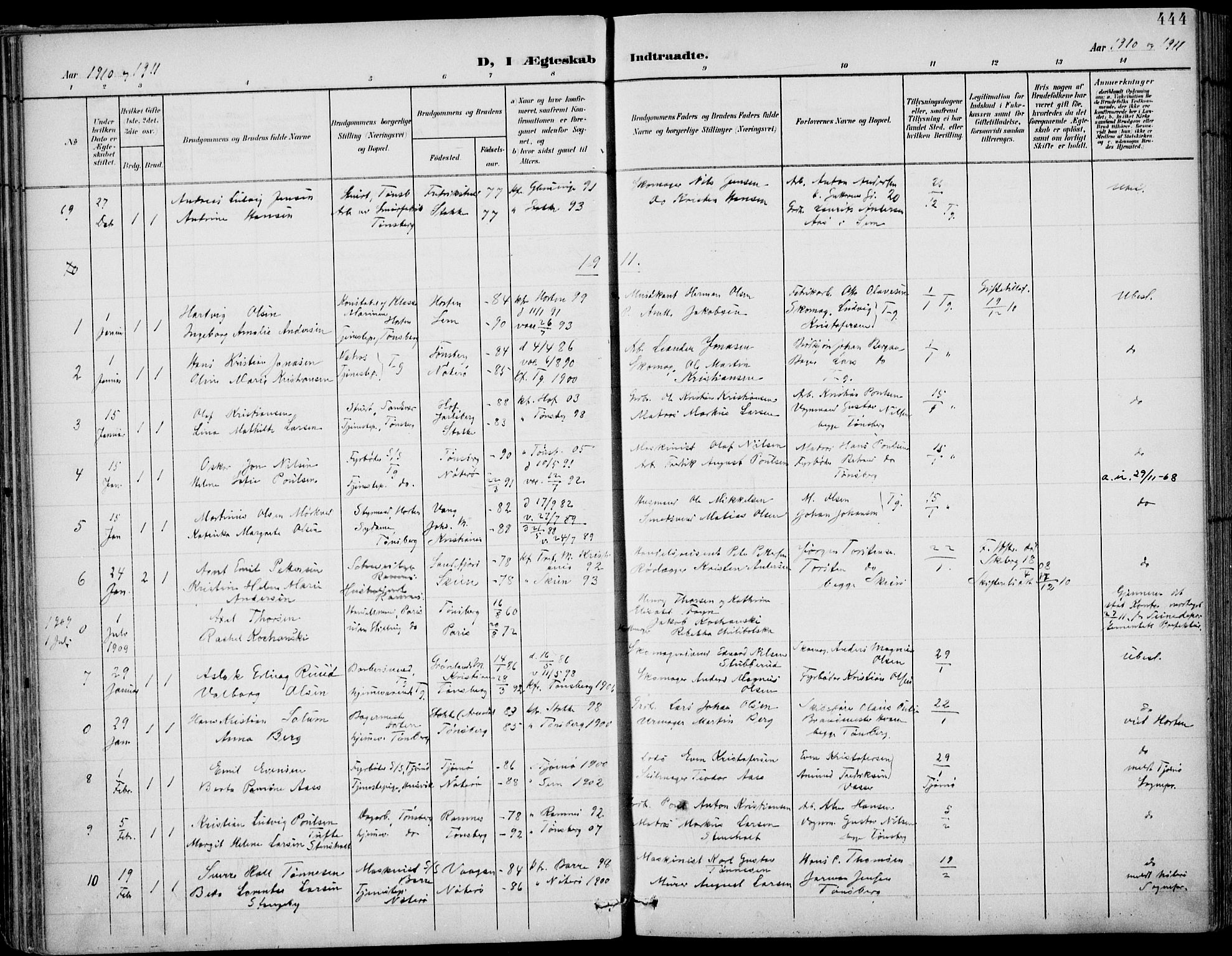 Tønsberg kirkebøker, AV/SAKO-A-330/F/Fa/L0013: Parish register (official) no. I 13, 1900-1913, p. 444