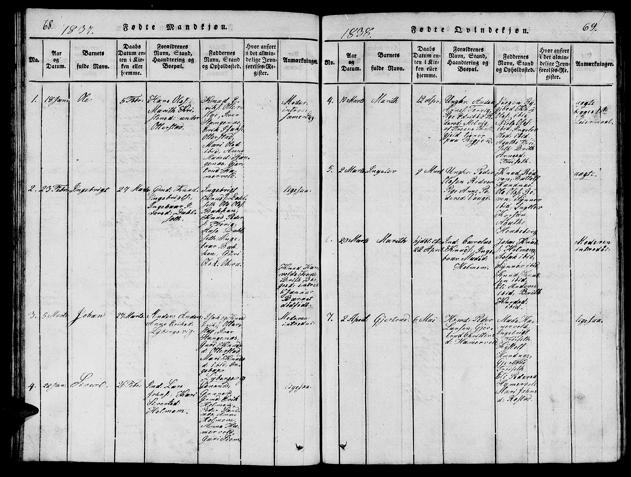 Ministerialprotokoller, klokkerbøker og fødselsregistre - Møre og Romsdal, AV/SAT-A-1454/548/L0613: Parish register (copy) no. 548C01, 1818-1846, p. 68-69