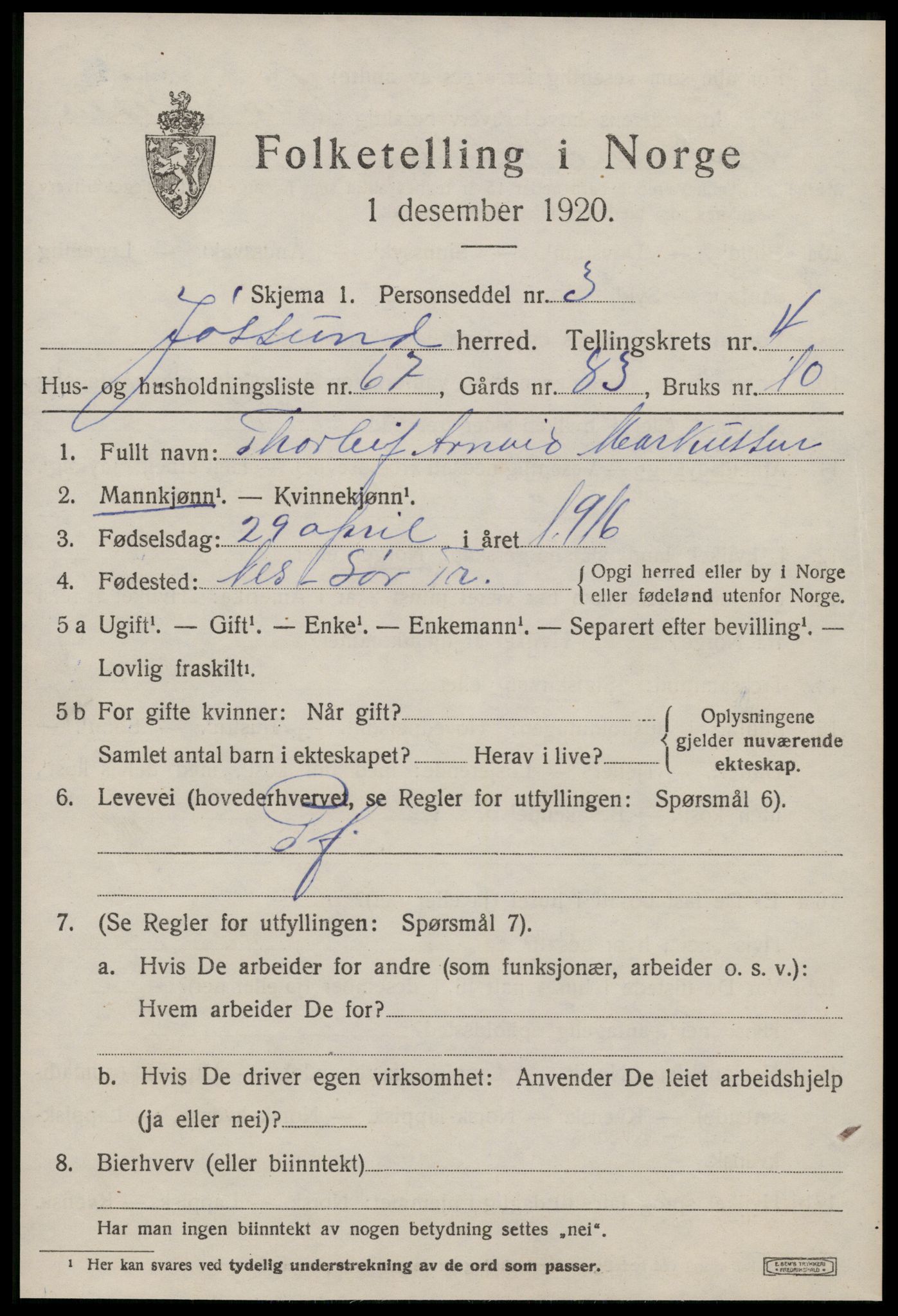 SAT, 1920 census for Jøssund, 1920, p. 3922