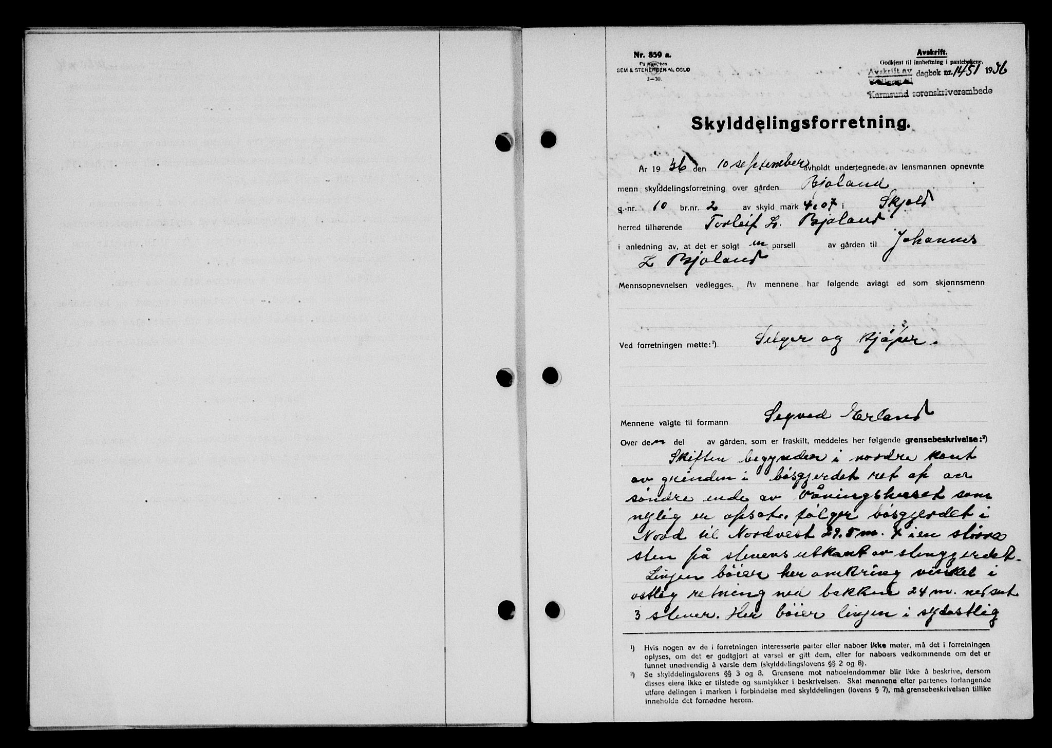 Karmsund sorenskriveri, SAST/A-100311/01/II/IIB/L0066: Mortgage book no. 47A, 1936-1936, Diary no: : 1451/1936
