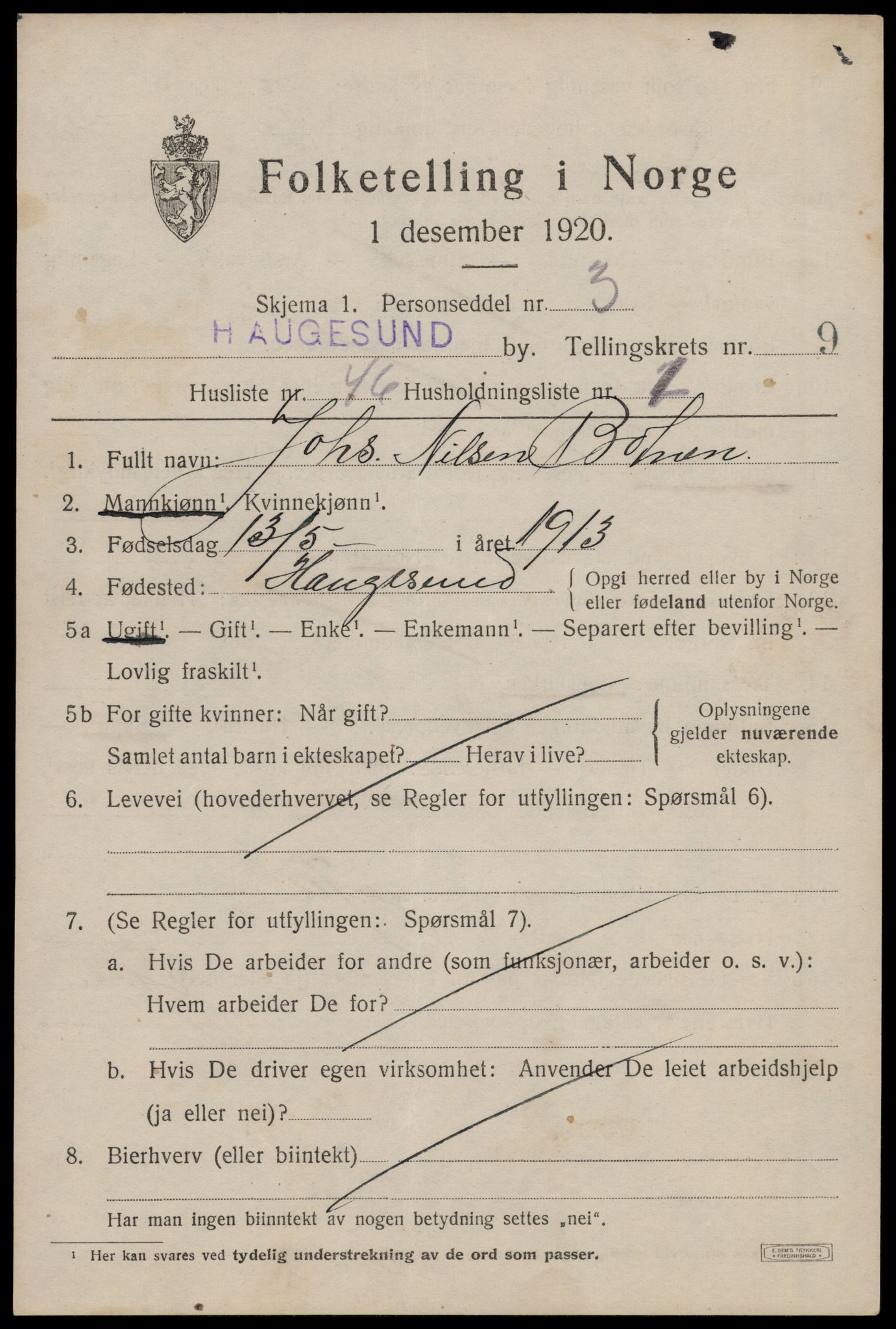 SAST, 1920 census for Haugesund, 1920, p. 32937