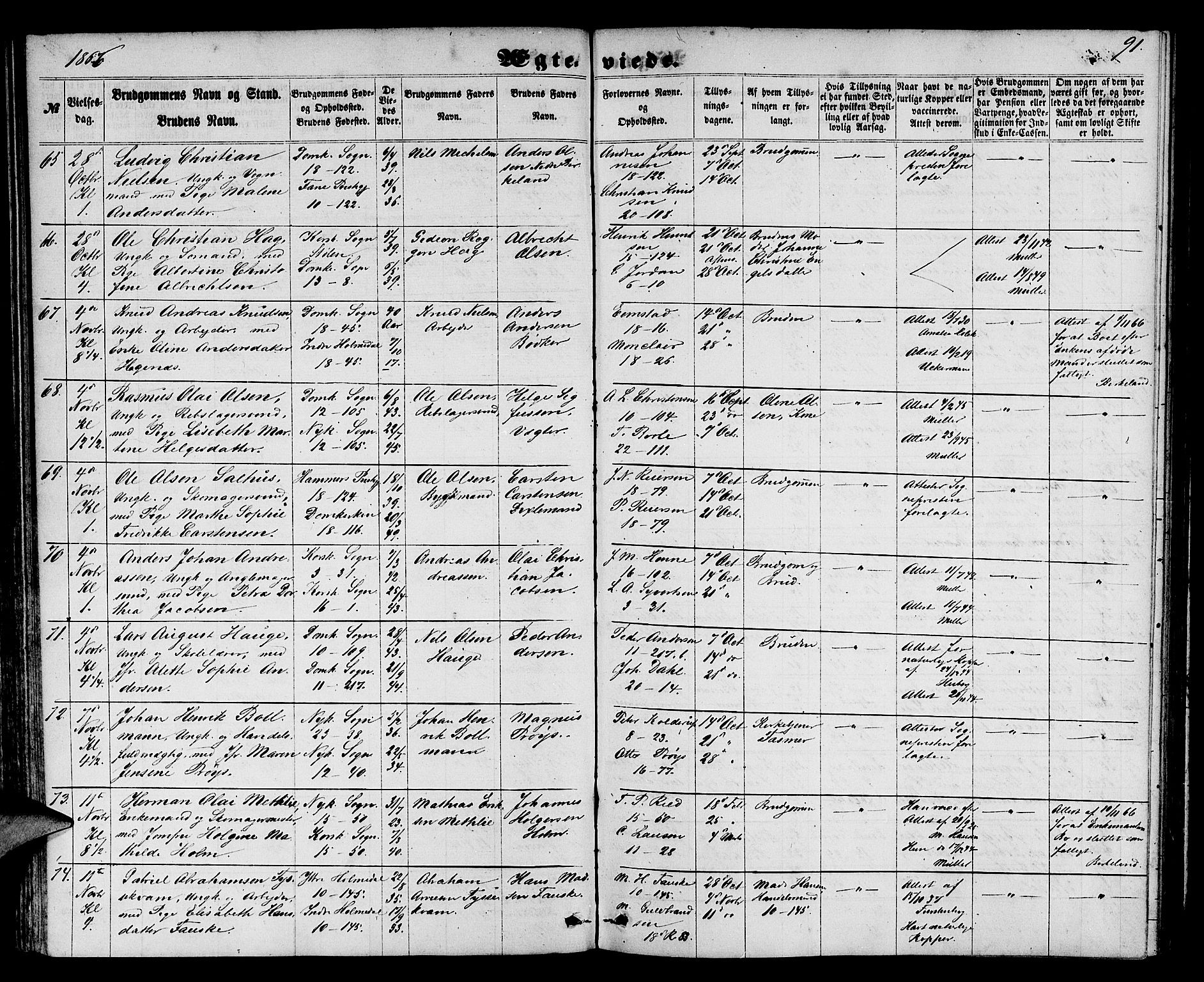 Domkirken sokneprestembete, AV/SAB-A-74801/H/Hab/L0030: Parish register (copy) no. D 2, 1857-1876, p. 91