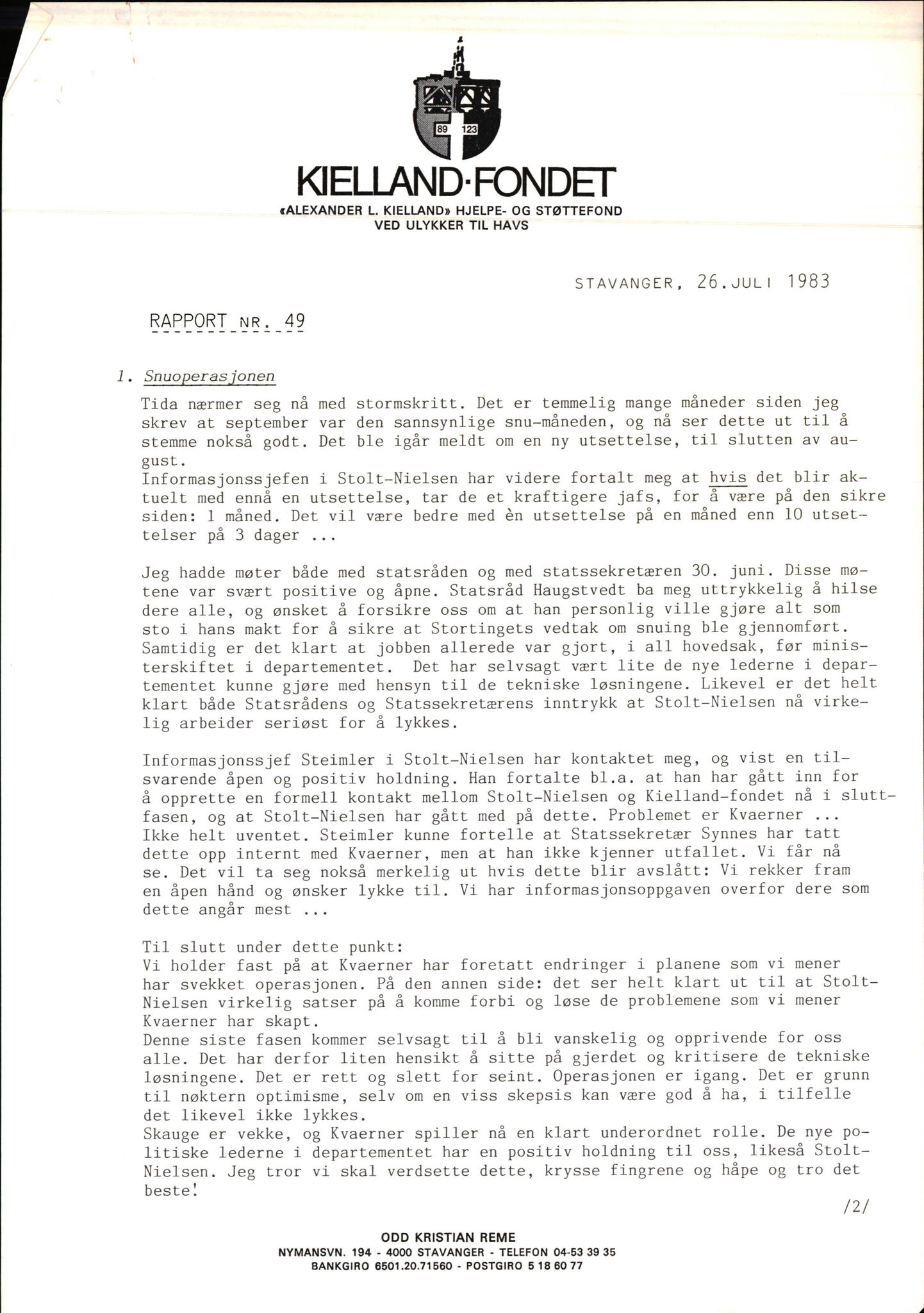 Pa 1660 - Kielland- fondet, AV/SAST-A-102242/X/Xa/L0001: Rapport til overlevende og etterlatte/ Kielland Bulletin, 1980-1998