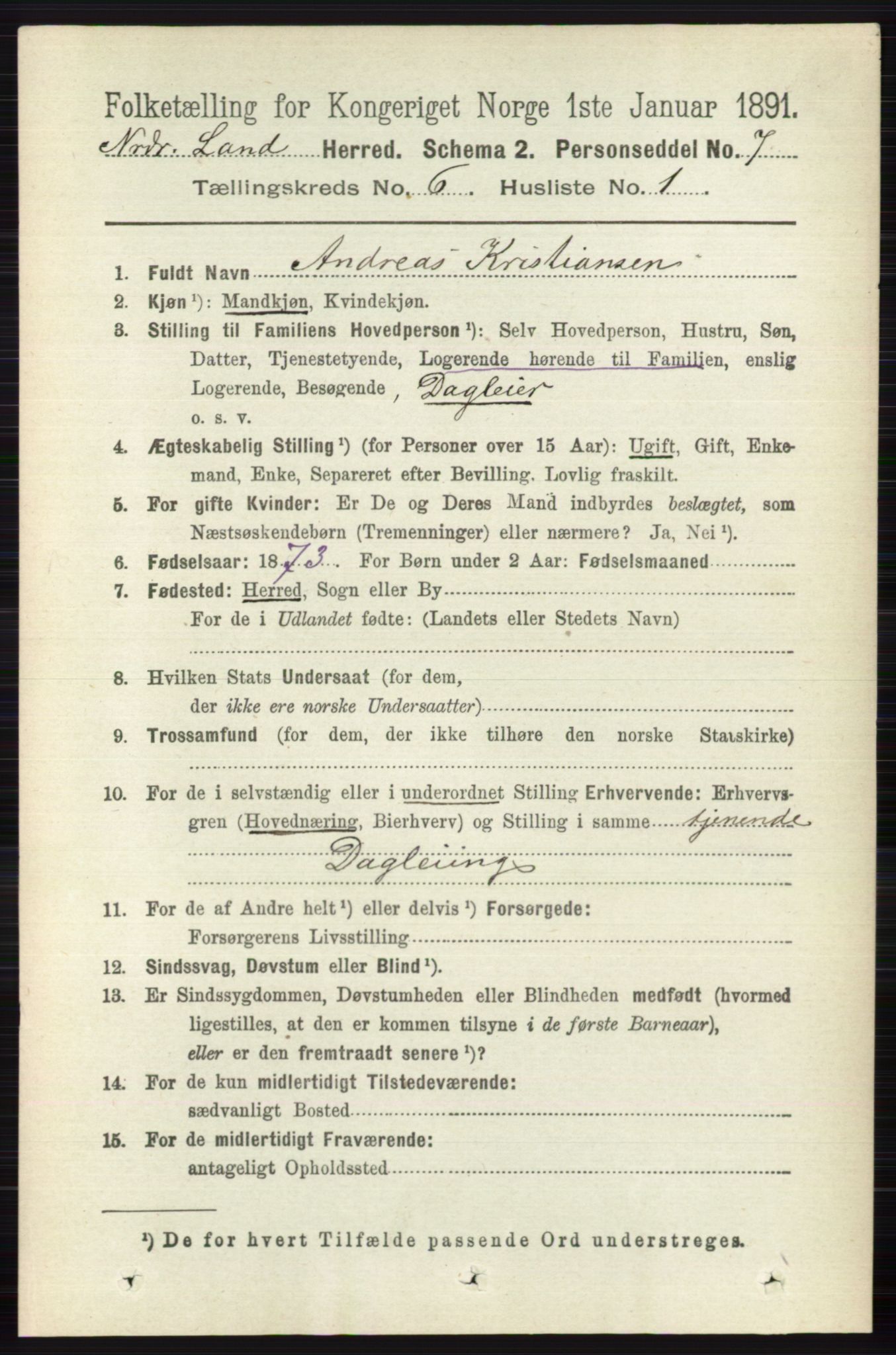 RA, 1891 census for 0538 Nordre Land, 1891, p. 1787