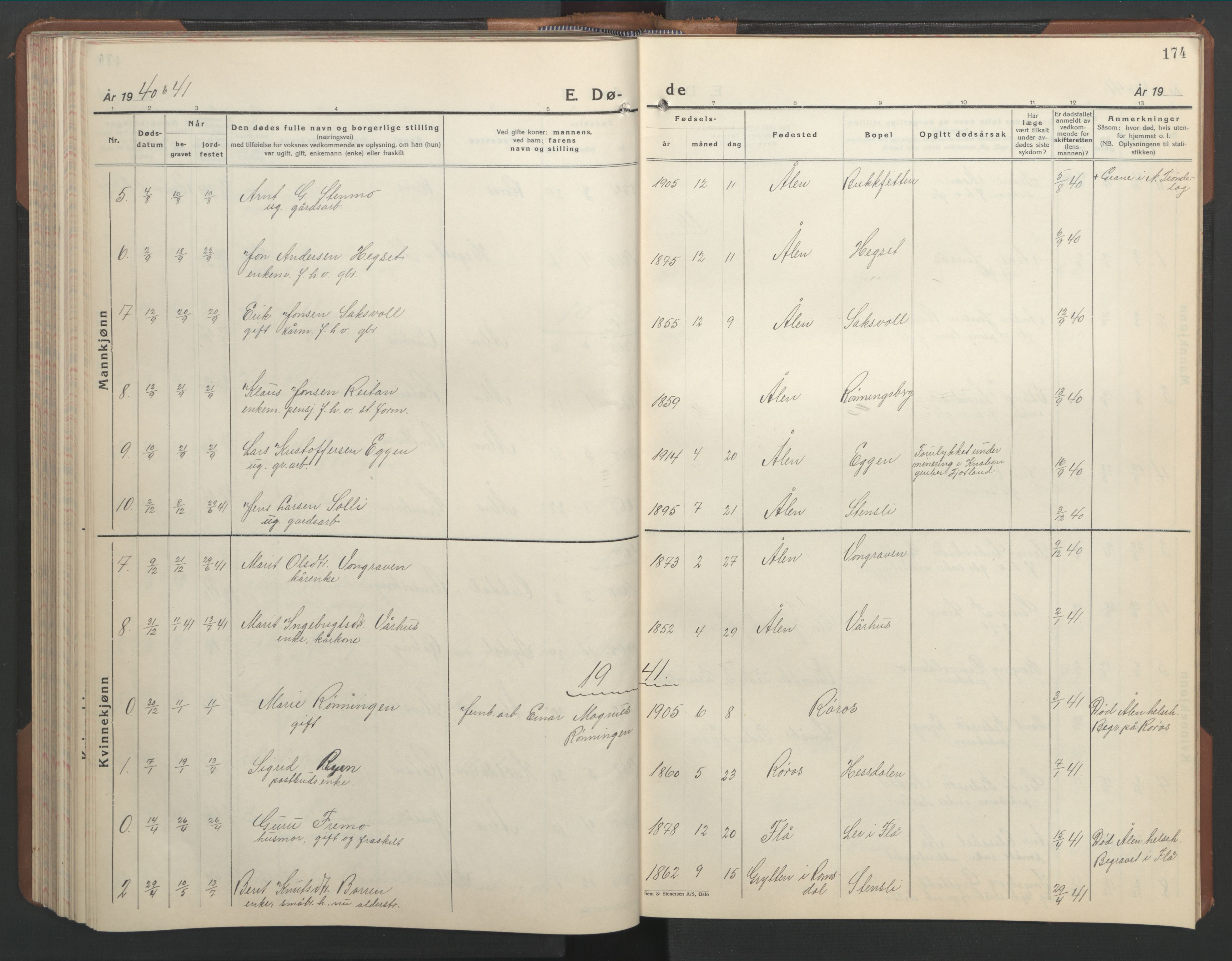 Ministerialprotokoller, klokkerbøker og fødselsregistre - Sør-Trøndelag, SAT/A-1456/686/L0986: Parish register (copy) no. 686C02, 1933-1950, p. 174