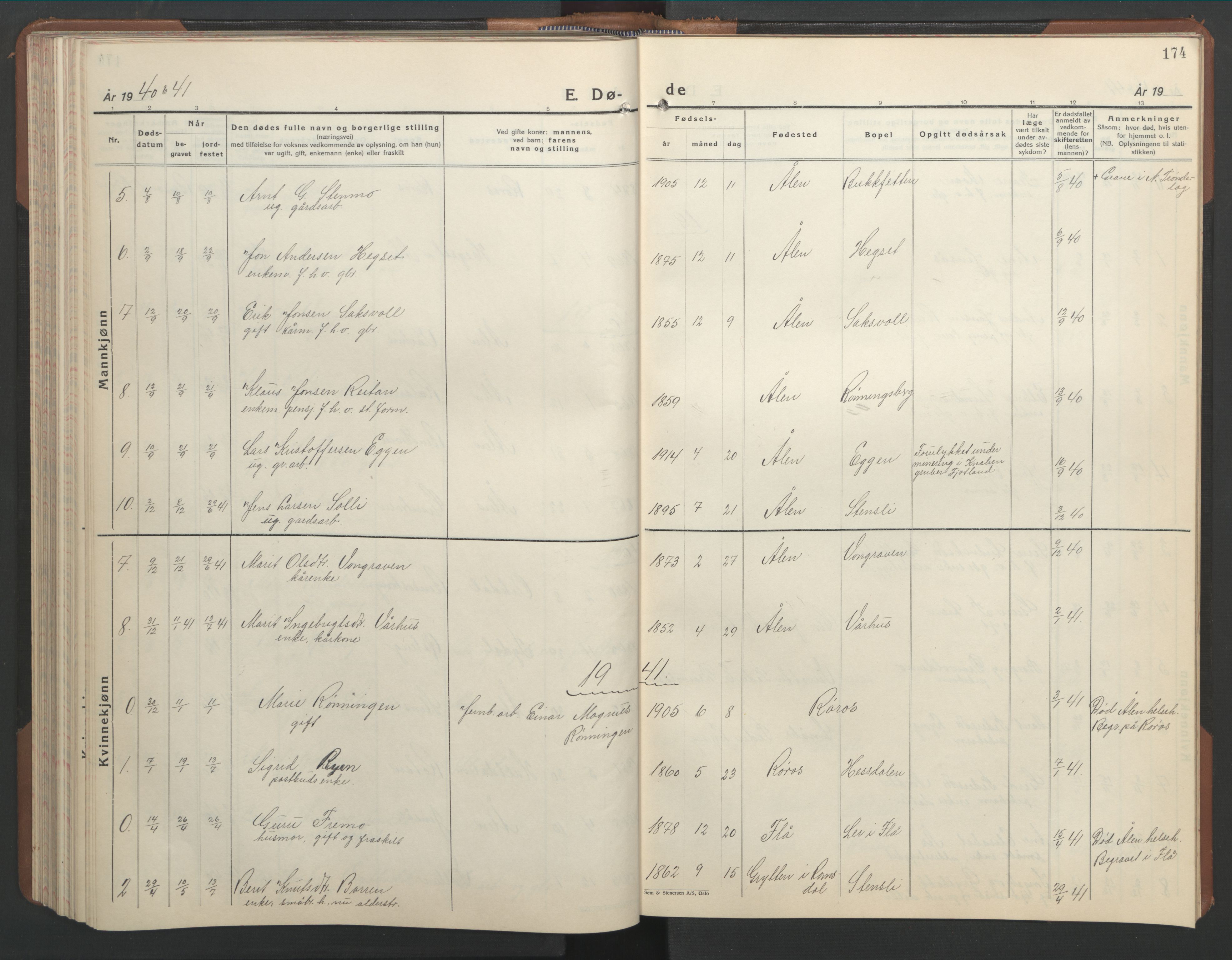 Ministerialprotokoller, klokkerbøker og fødselsregistre - Sør-Trøndelag, AV/SAT-A-1456/686/L0986: Parish register (copy) no. 686C02, 1933-1950, p. 174