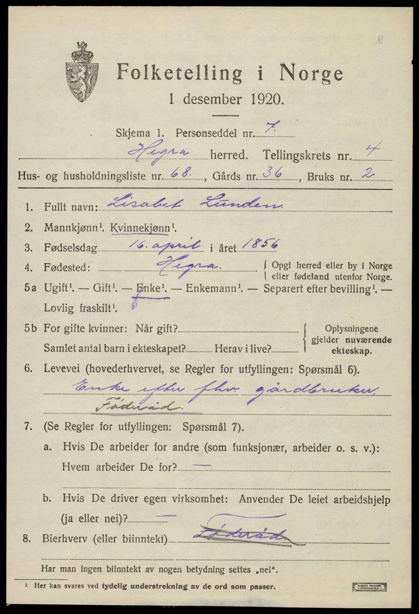 SAT, 1920 census for Hegra, 1920, p. 4032