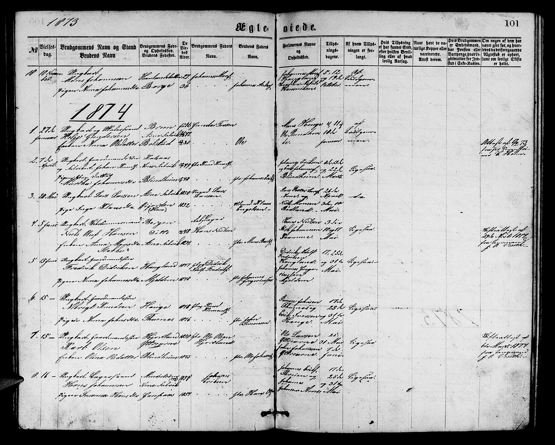 Arna Sokneprestembete, SAB/A-74001/H/Ha/Hab: Parish register (copy) no. A 1, 1869-1879, p. 101