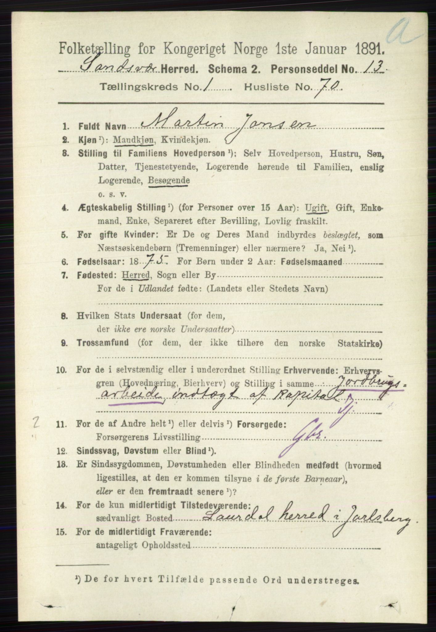 RA, 1891 census for 0629 Sandsvær, 1891, p. 572