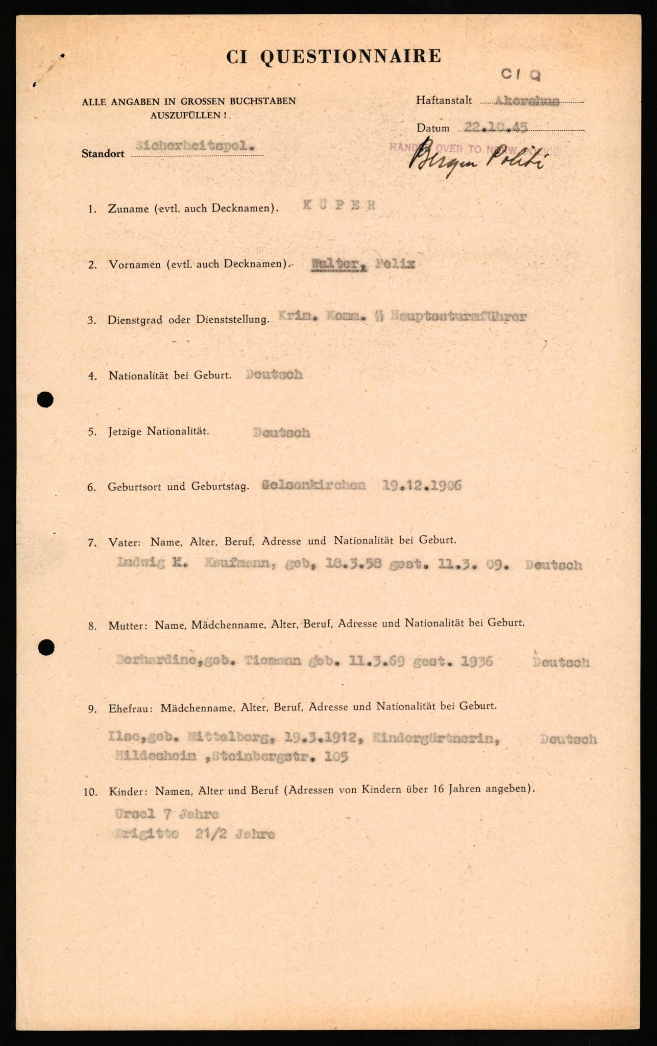 Forsvaret, Forsvarets overkommando II, AV/RA-RAFA-3915/D/Db/L0019: CI Questionaires. Tyske okkupasjonsstyrker i Norge. Tyskere., 1945-1946, p. 98