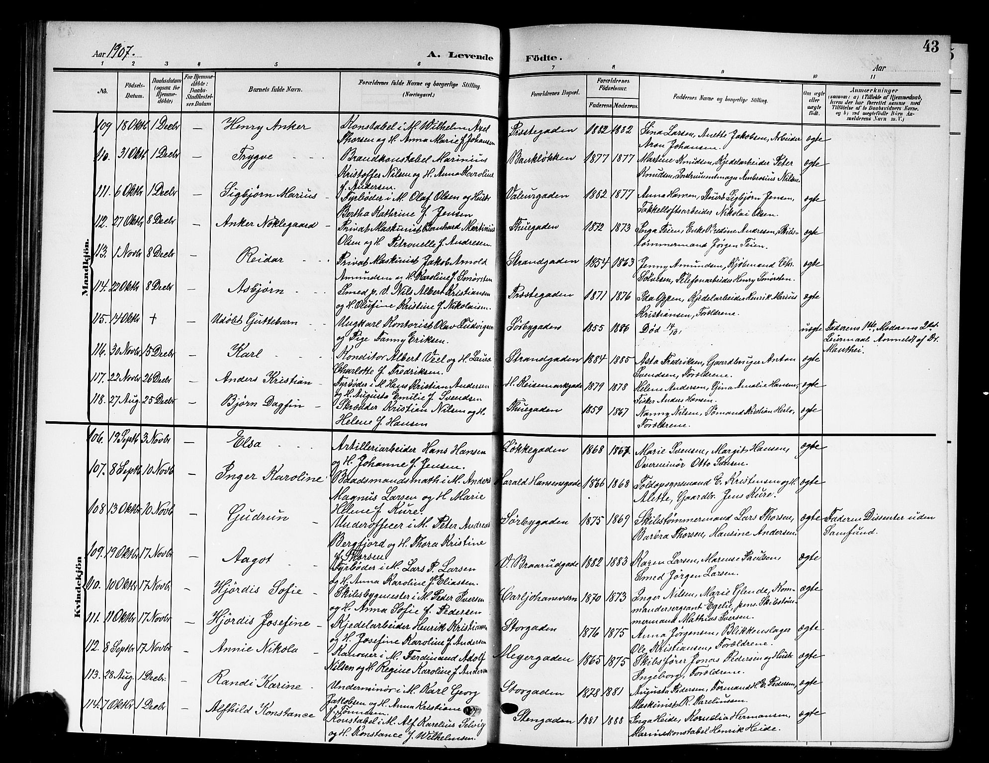Horten kirkebøker, AV/SAKO-A-348/G/Ga/L0007: Parish register (copy) no. 7, 1905-1915, p. 43