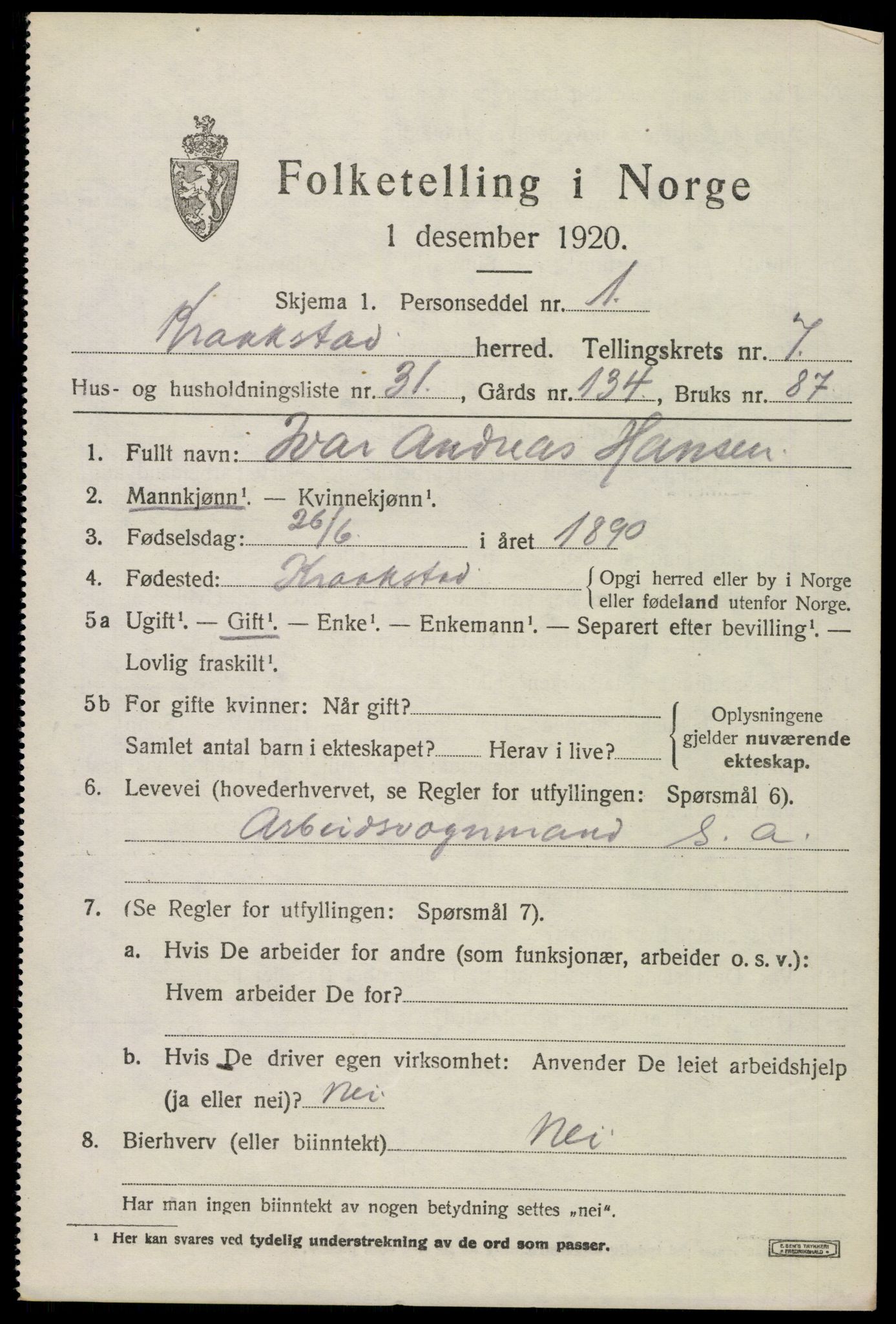 SAO, 1920 census for Kråkstad, 1920, p. 7387