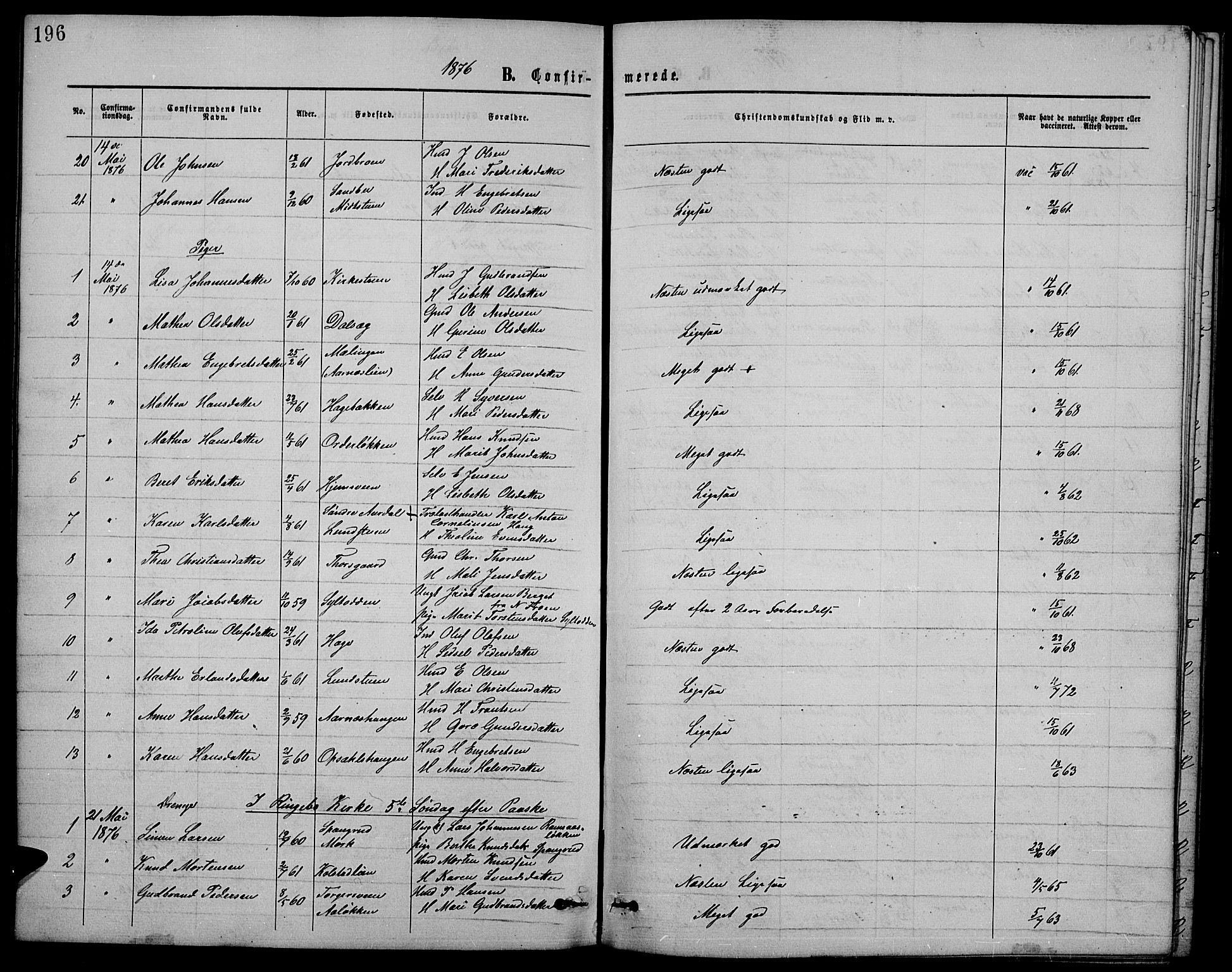 Ringebu prestekontor, SAH/PREST-082/H/Ha/Hab/L0004: Parish register (copy) no. 4, 1867-1879, p. 196