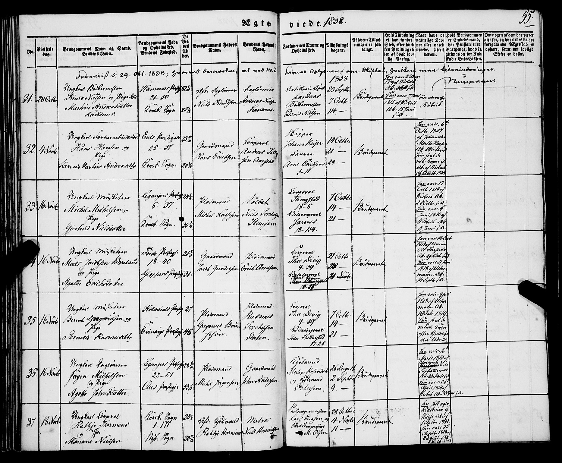 Korskirken sokneprestembete, SAB/A-76101/H/Haa/L0034: Parish register (official) no. D 1, 1832-1852, p. 55
