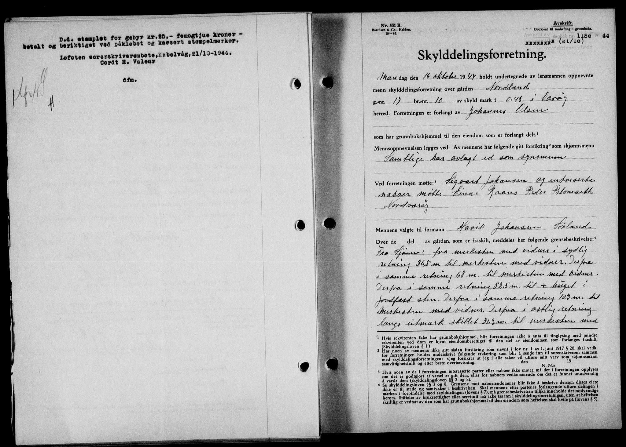 Lofoten sorenskriveri, SAT/A-0017/1/2/2C/L0012a: Mortgage book no. 12a, 1943-1944, Diary no: : 1150/1944