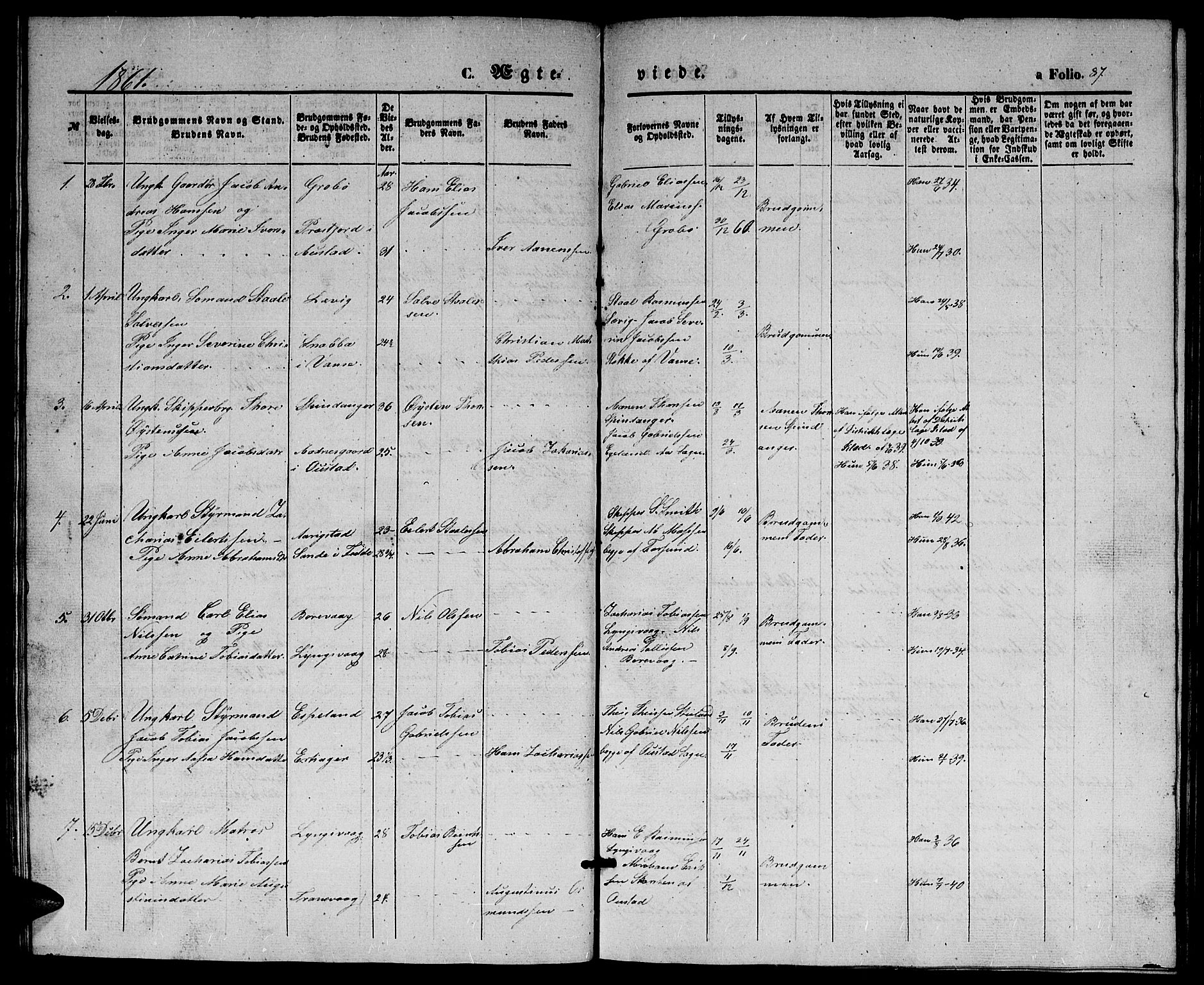Herad sokneprestkontor, SAK/1111-0018/F/Fb/Fbb/L0002: Parish register (copy) no. B 2, 1853-1871, p. 87