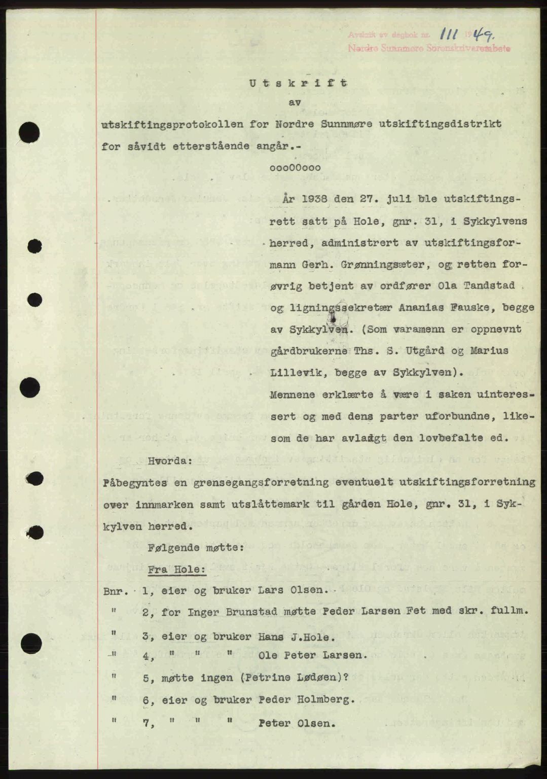 Nordre Sunnmøre sorenskriveri, AV/SAT-A-0006/1/2/2C/2Ca: Mortgage book no. A29, 1948-1949, Diary no: : 111/1949