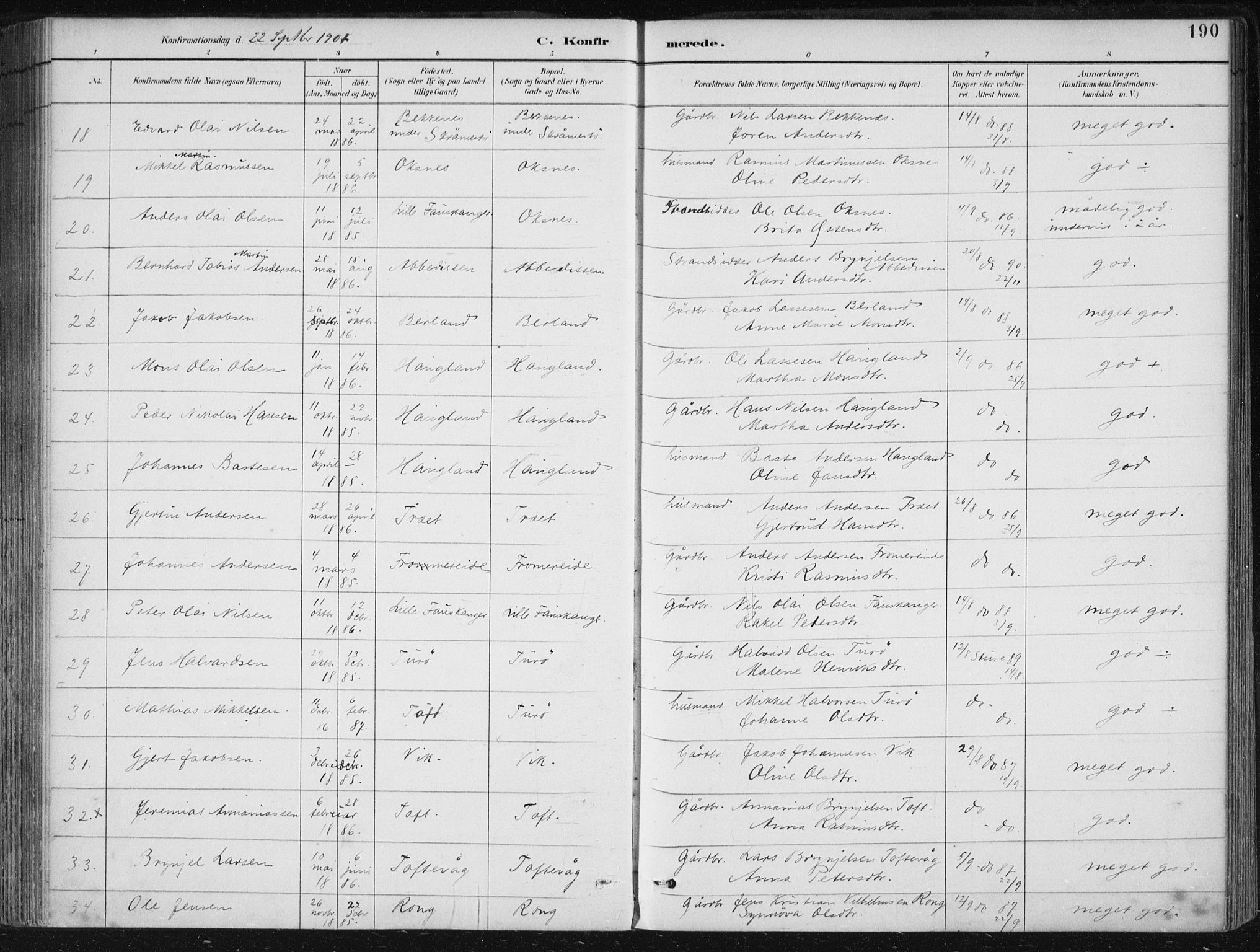 Herdla Sokneprestembete, AV/SAB-A-75701/H/Haa: Parish register (official) no. A 4, 1891-1905, p. 190