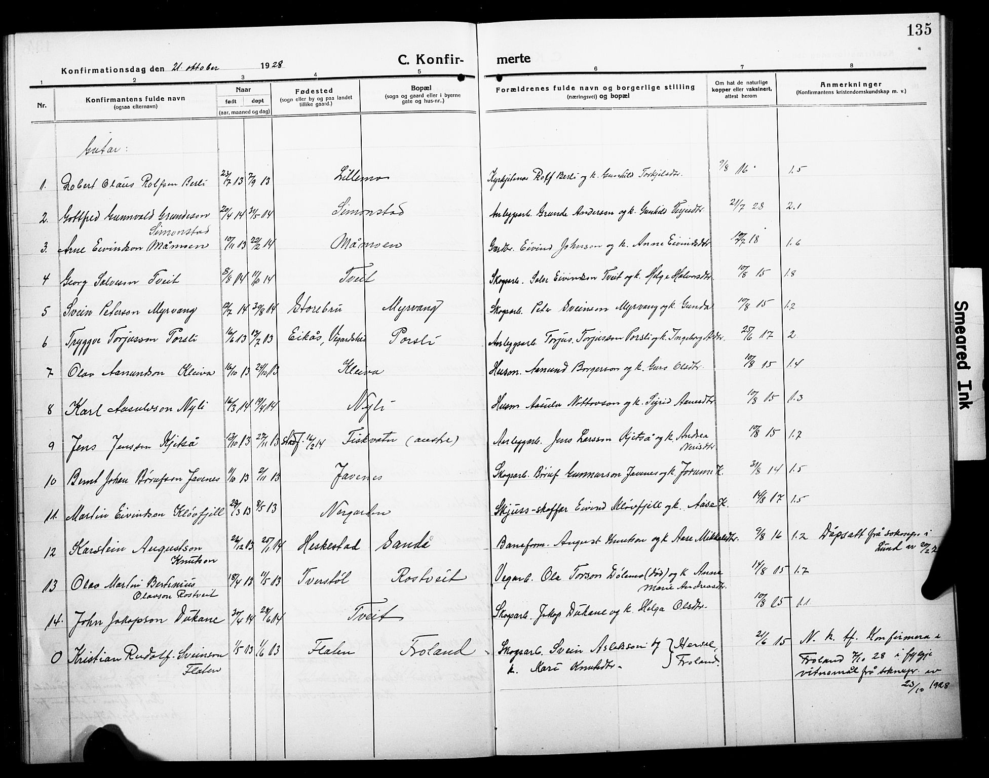 Åmli sokneprestkontor, SAK/1111-0050/F/Fb/Fbc/L0006: Parish register (copy) no. B 6, 1915-1929, p. 135