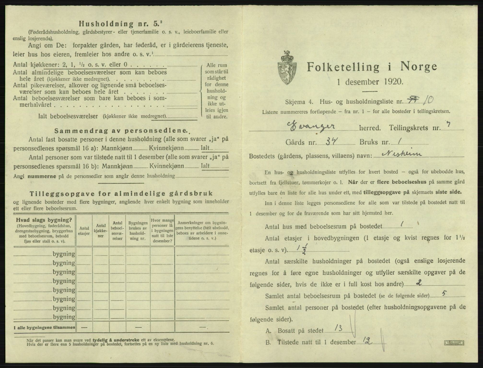 SAB, 1920 census for Evanger, 1920, p. 359