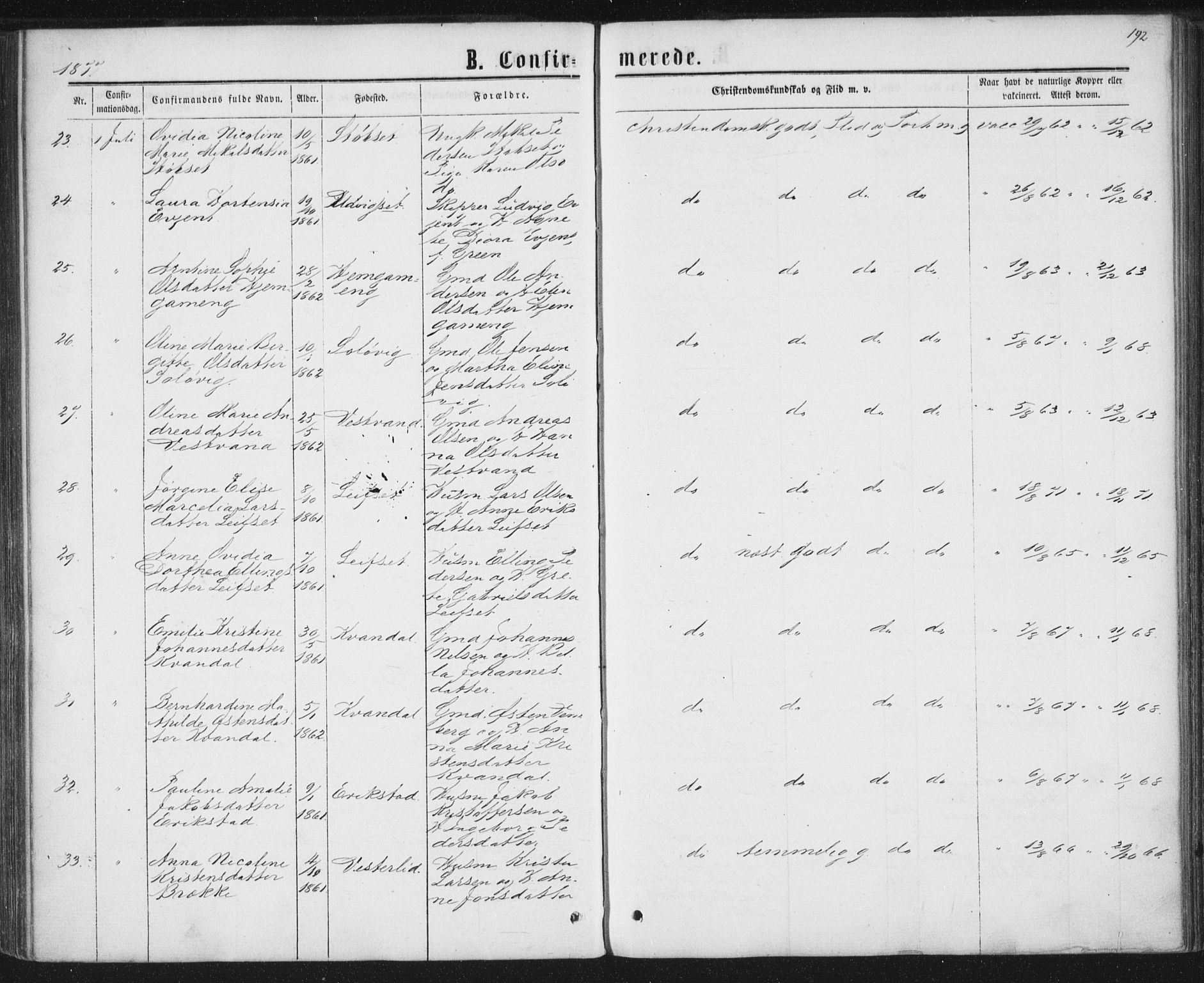 Ministerialprotokoller, klokkerbøker og fødselsregistre - Nordland, AV/SAT-A-1459/852/L0739: Parish register (official) no. 852A09, 1866-1877, p. 192