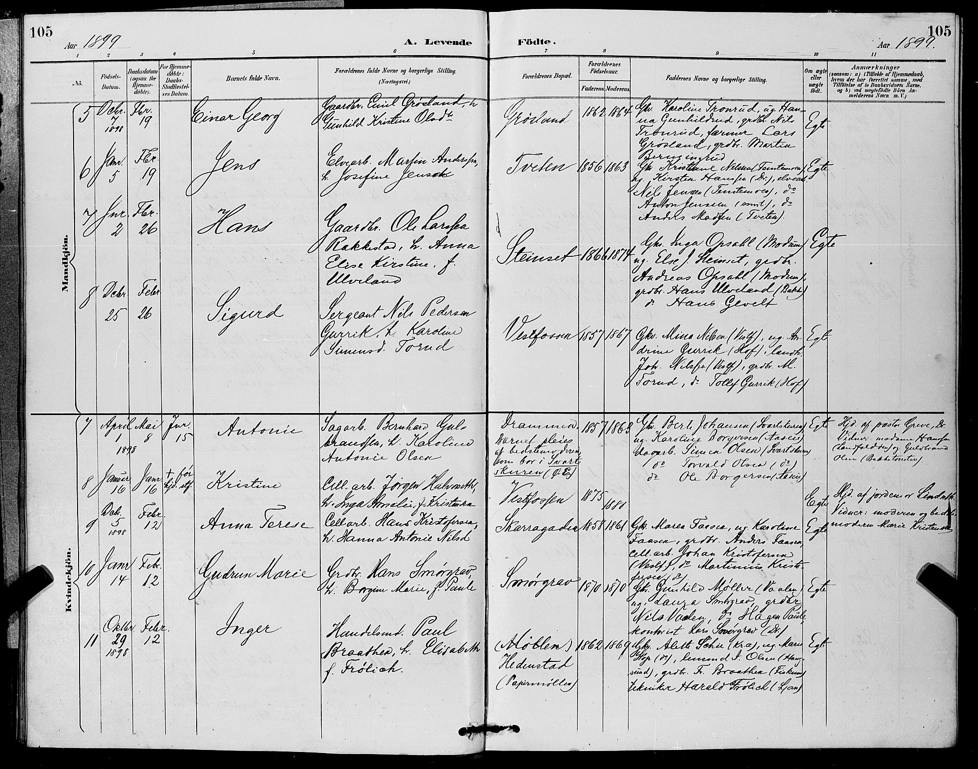 Eiker kirkebøker, SAKO/A-4/G/Ga/L0007: Parish register (copy) no. I 7, 1893-1902, p. 105