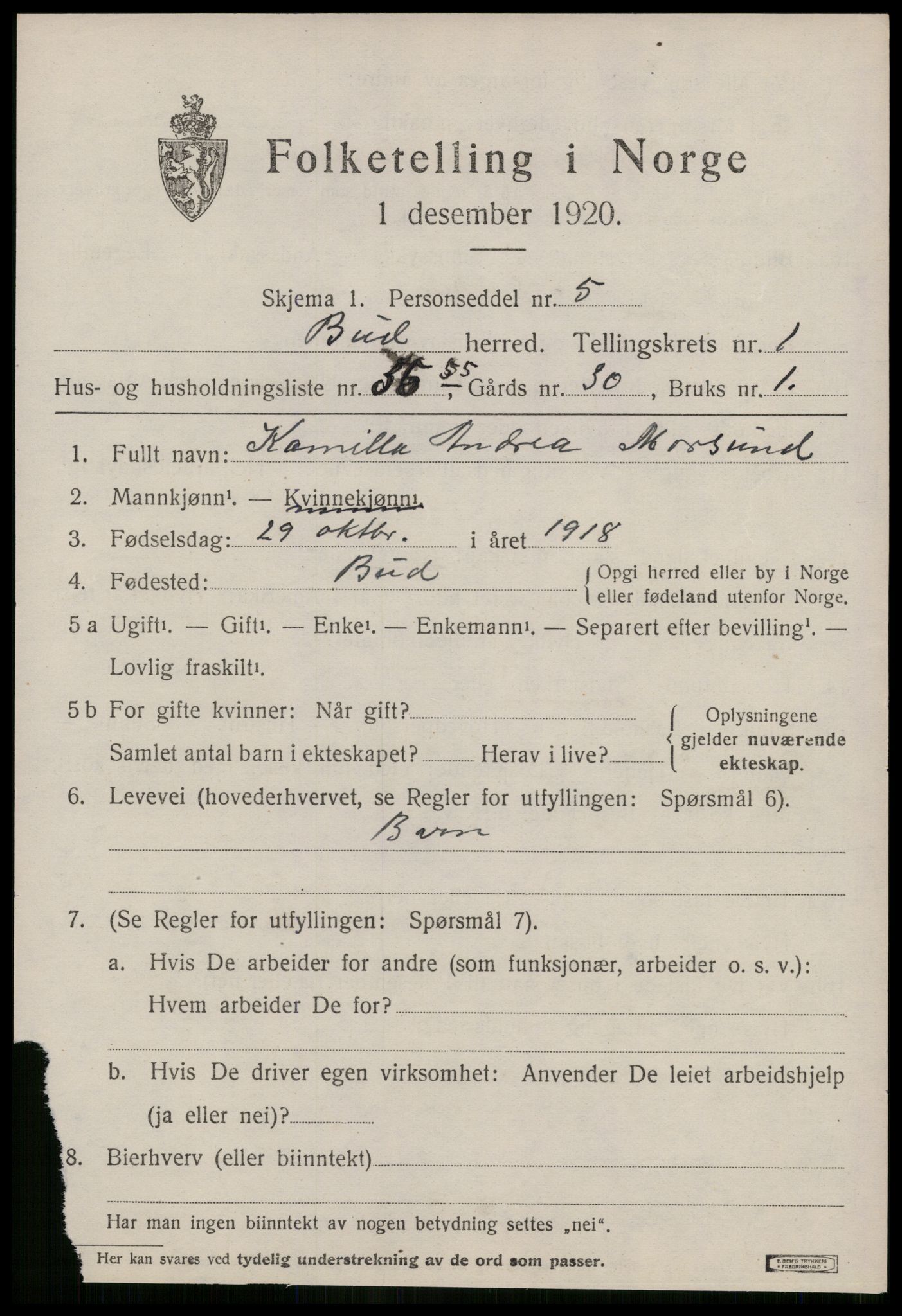 SAT, 1920 census for Bud, 1920, p. 1158