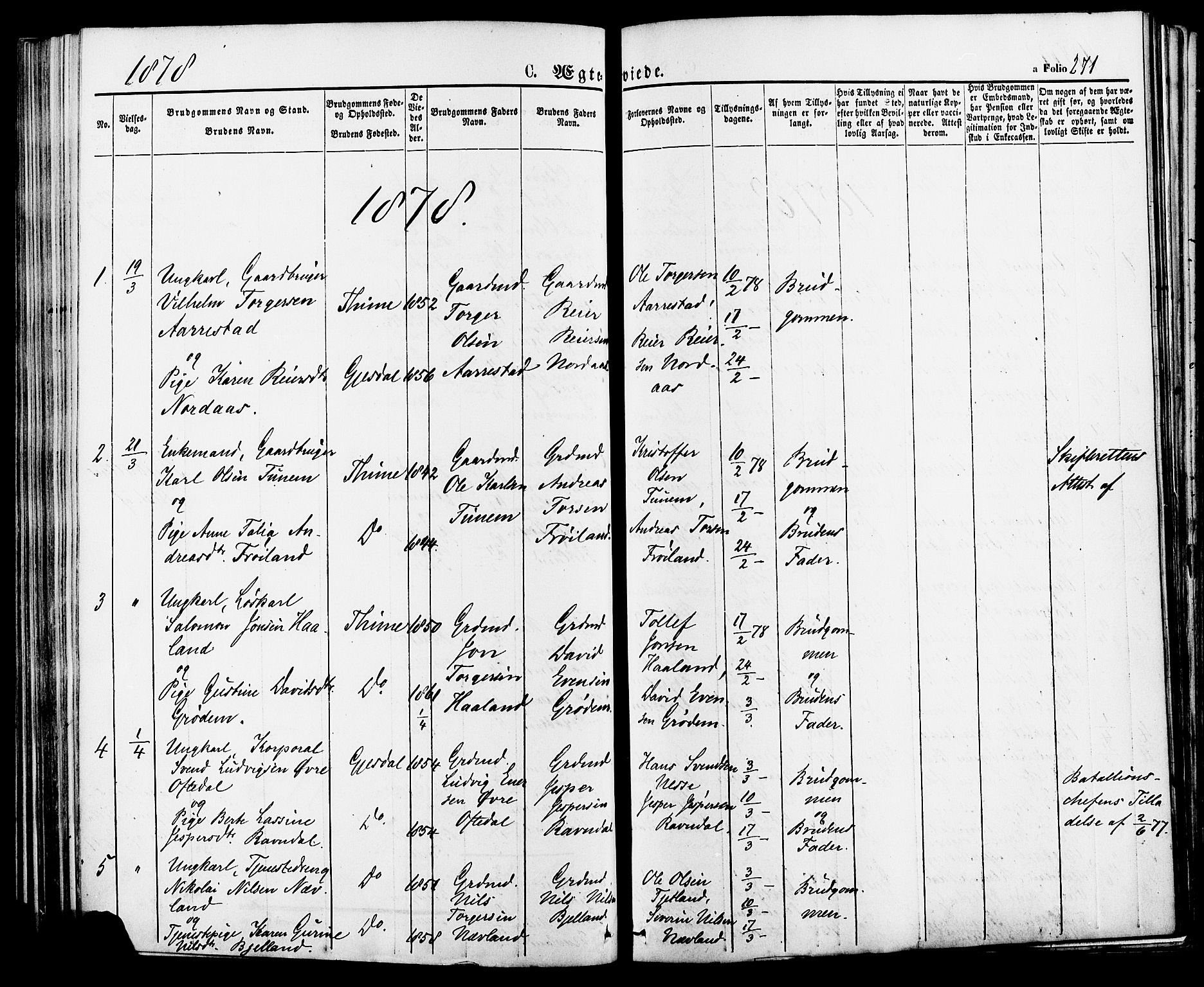 Lye sokneprestkontor, SAST/A-101794/001/30BA/L0008: Parish register (official) no. A 7, 1872-1881, p. 271