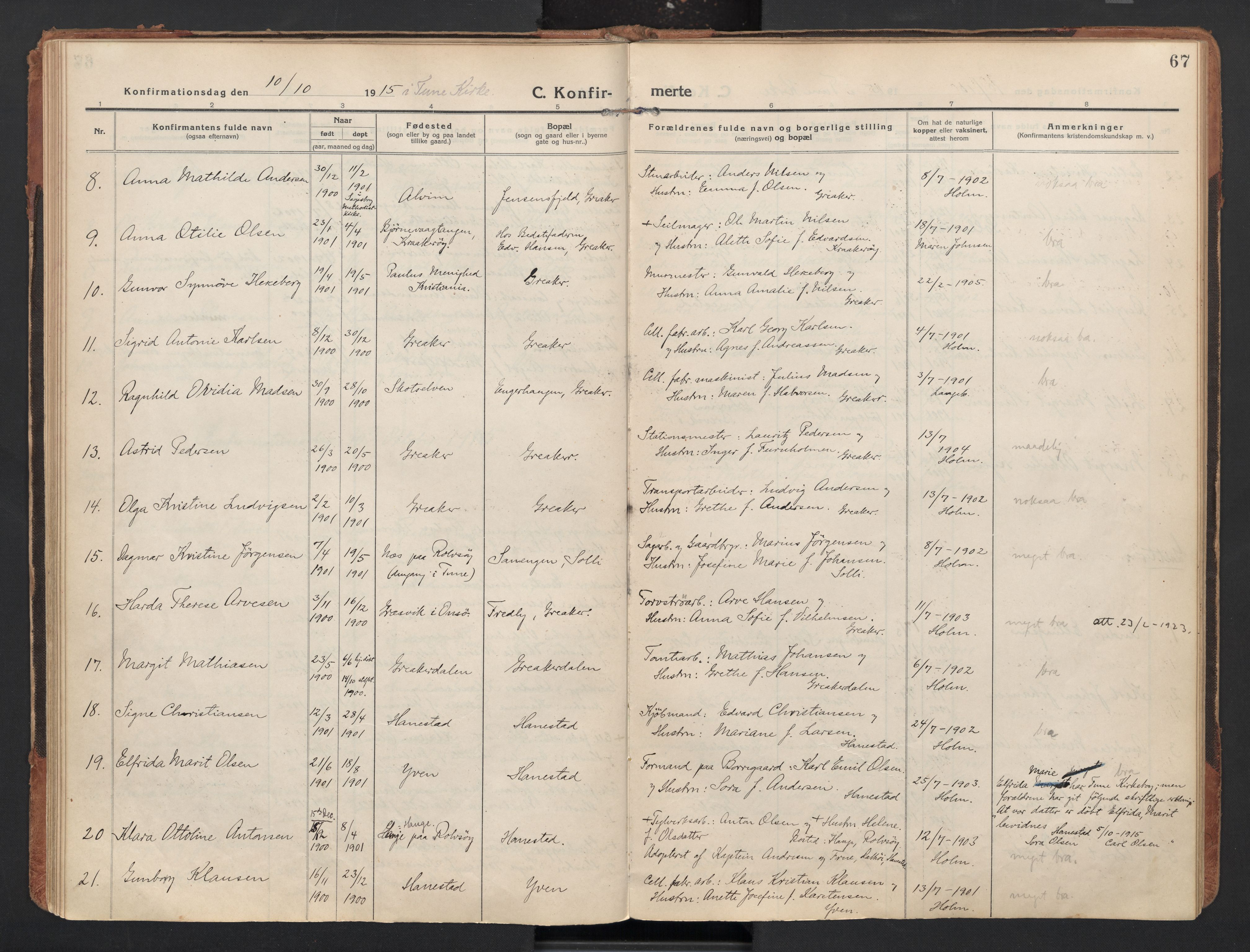 Tune prestekontor Kirkebøker, AV/SAO-A-2007/F/Fb/L0001: Curate's parish register no. 1, 1915-1923, p. 67