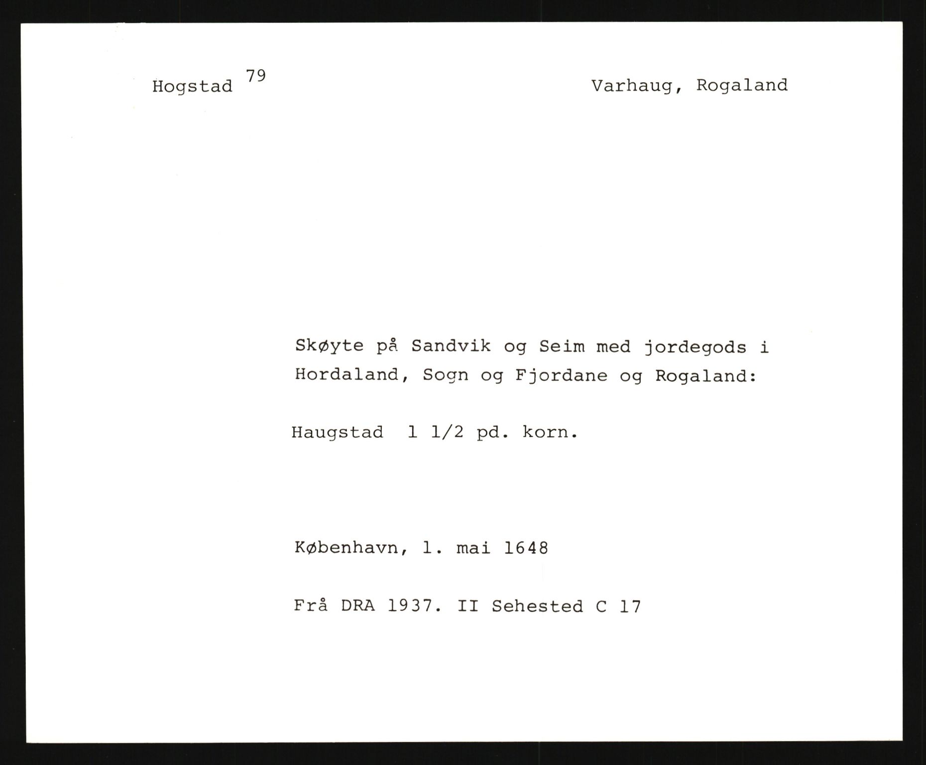 Riksarkivets diplomsamling, AV/RA-EA-5965/F35/F35e/L0027: Registreringssedler Rogaland, 1400-1700, p. 111