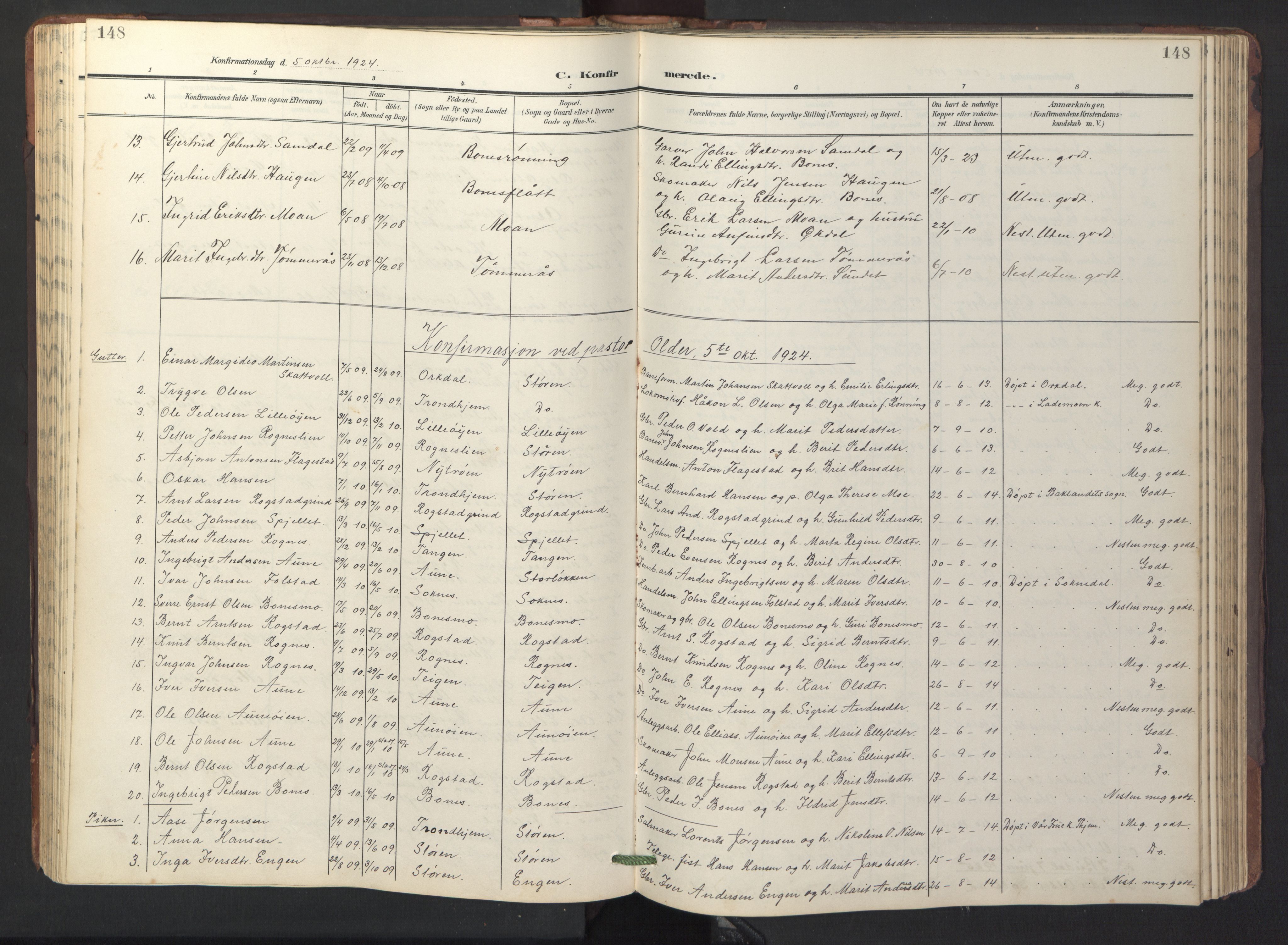 Ministerialprotokoller, klokkerbøker og fødselsregistre - Sør-Trøndelag, SAT/A-1456/687/L1019: Parish register (copy) no. 687C03, 1904-1931, p. 148
