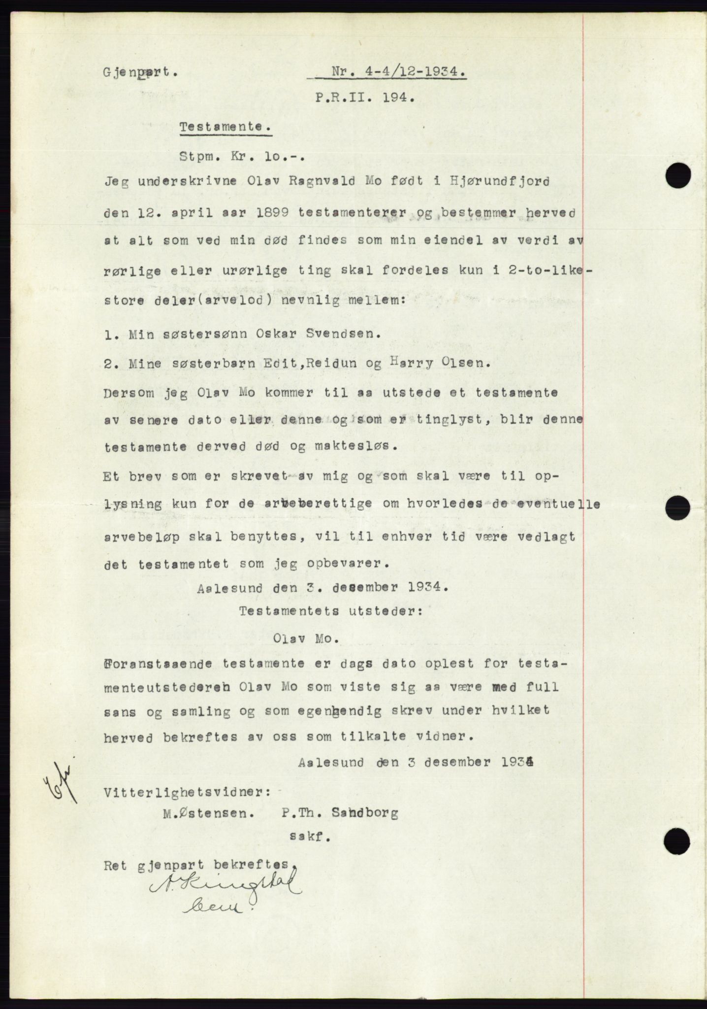 Ålesund byfogd, AV/SAT-A-4384: Mortgage book no. 32, 1934-1935, Deed date: 04.12.1934