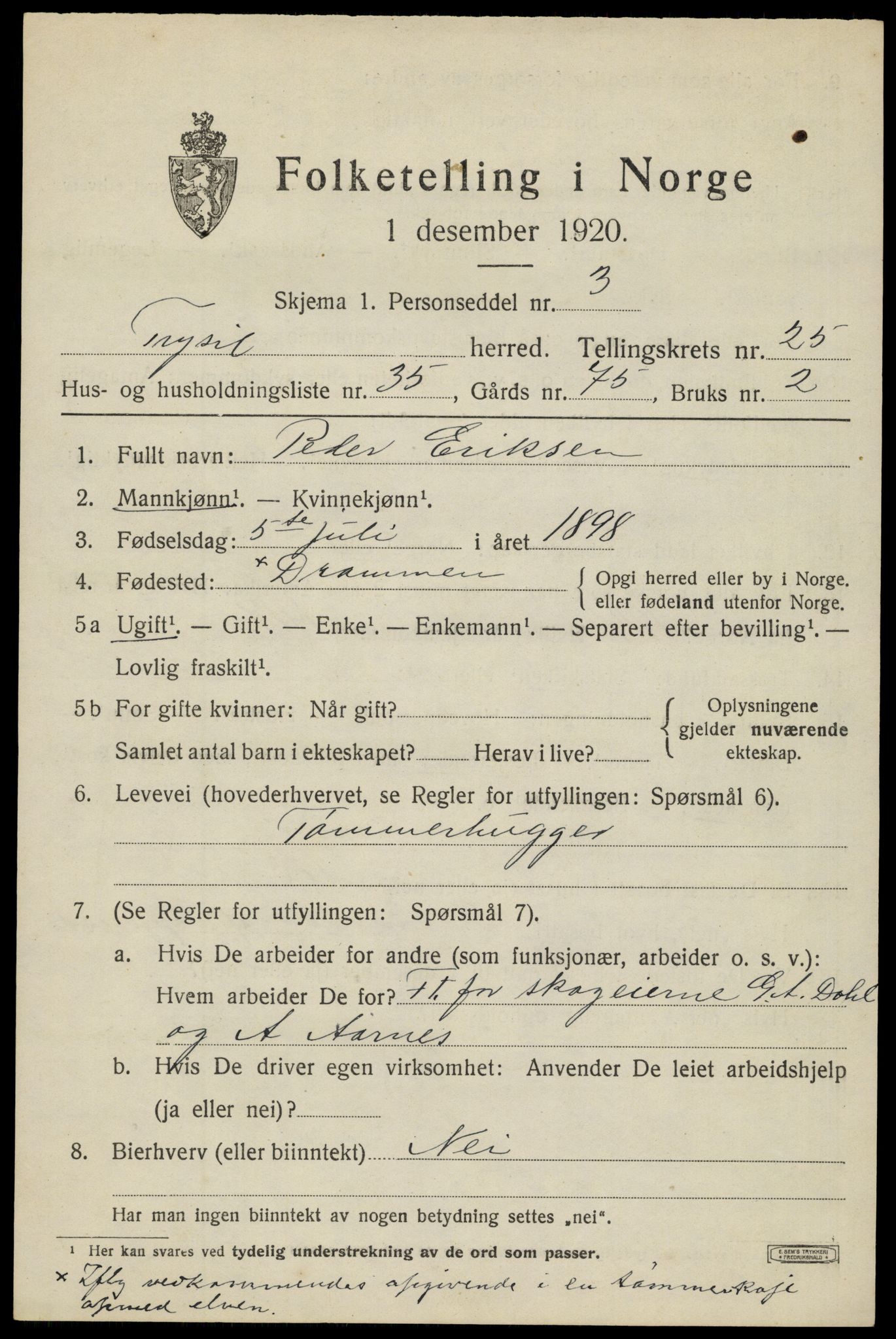 SAH, 1920 census for Trysil, 1920, p. 16107