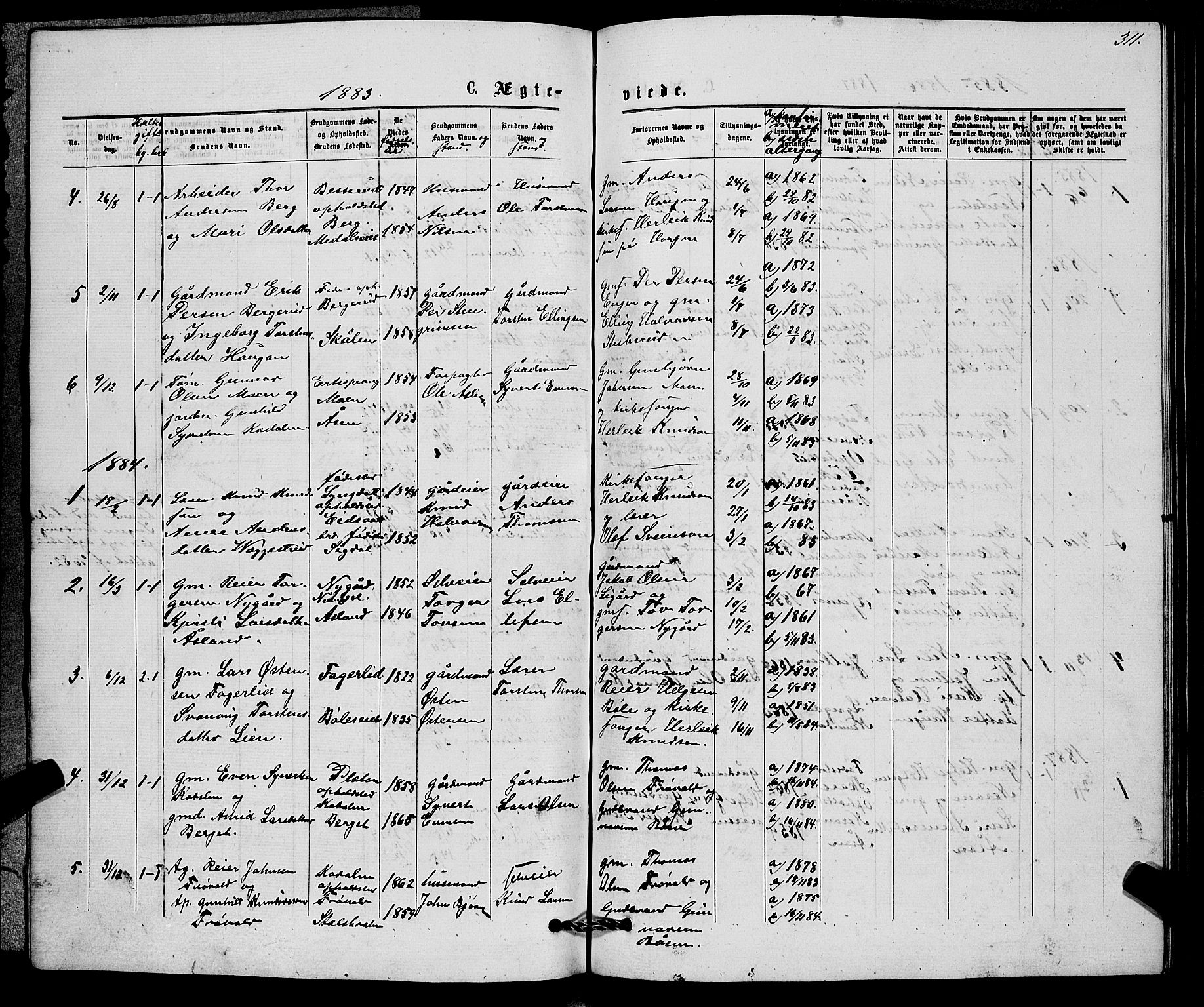 Sigdal kirkebøker, AV/SAKO-A-245/G/Gb/L0002: Parish register (copy) no. II 2, 1875-1900, p. 311