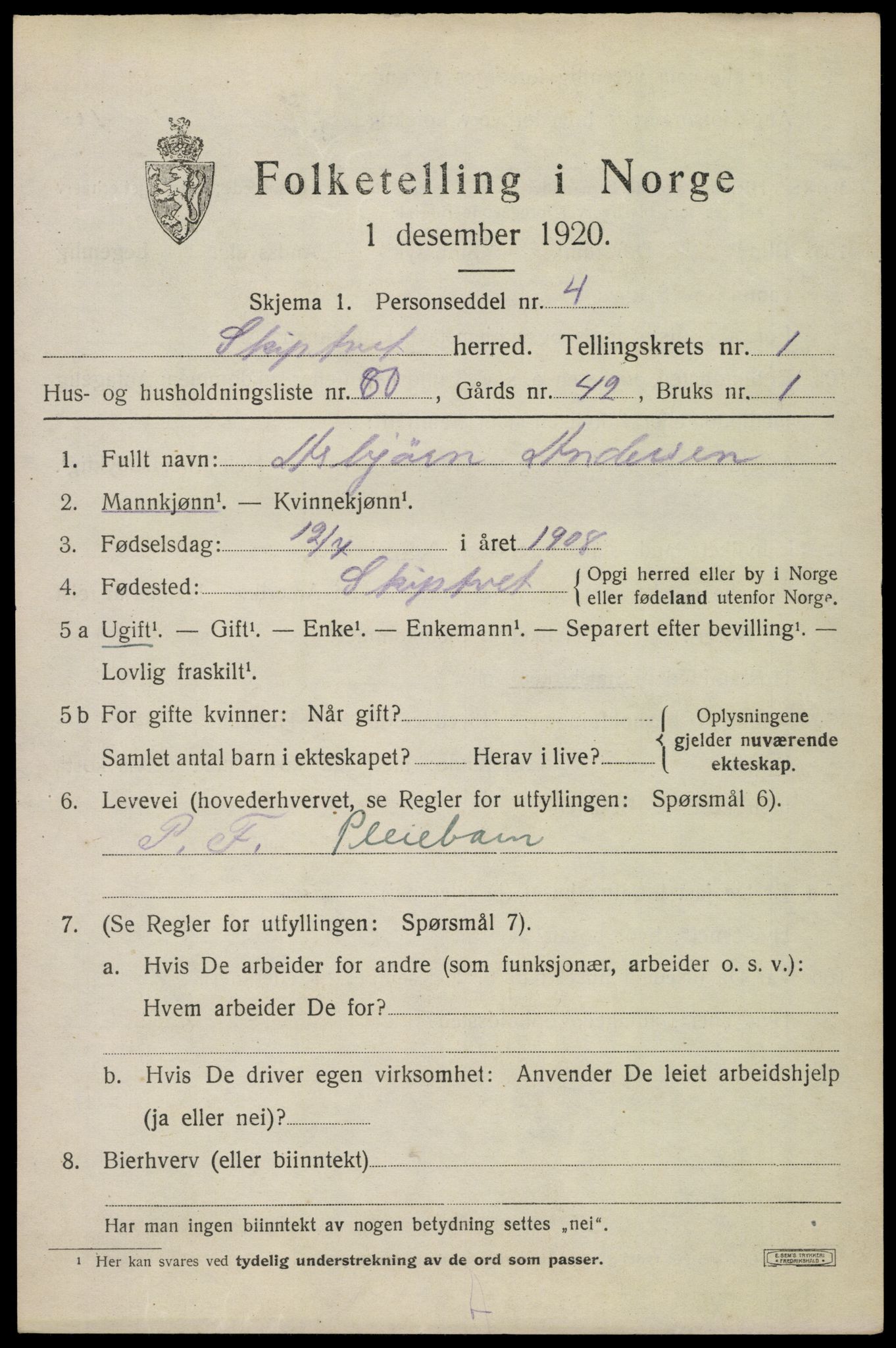 SAO, 1920 census for Skiptvet, 1920, p. 1851