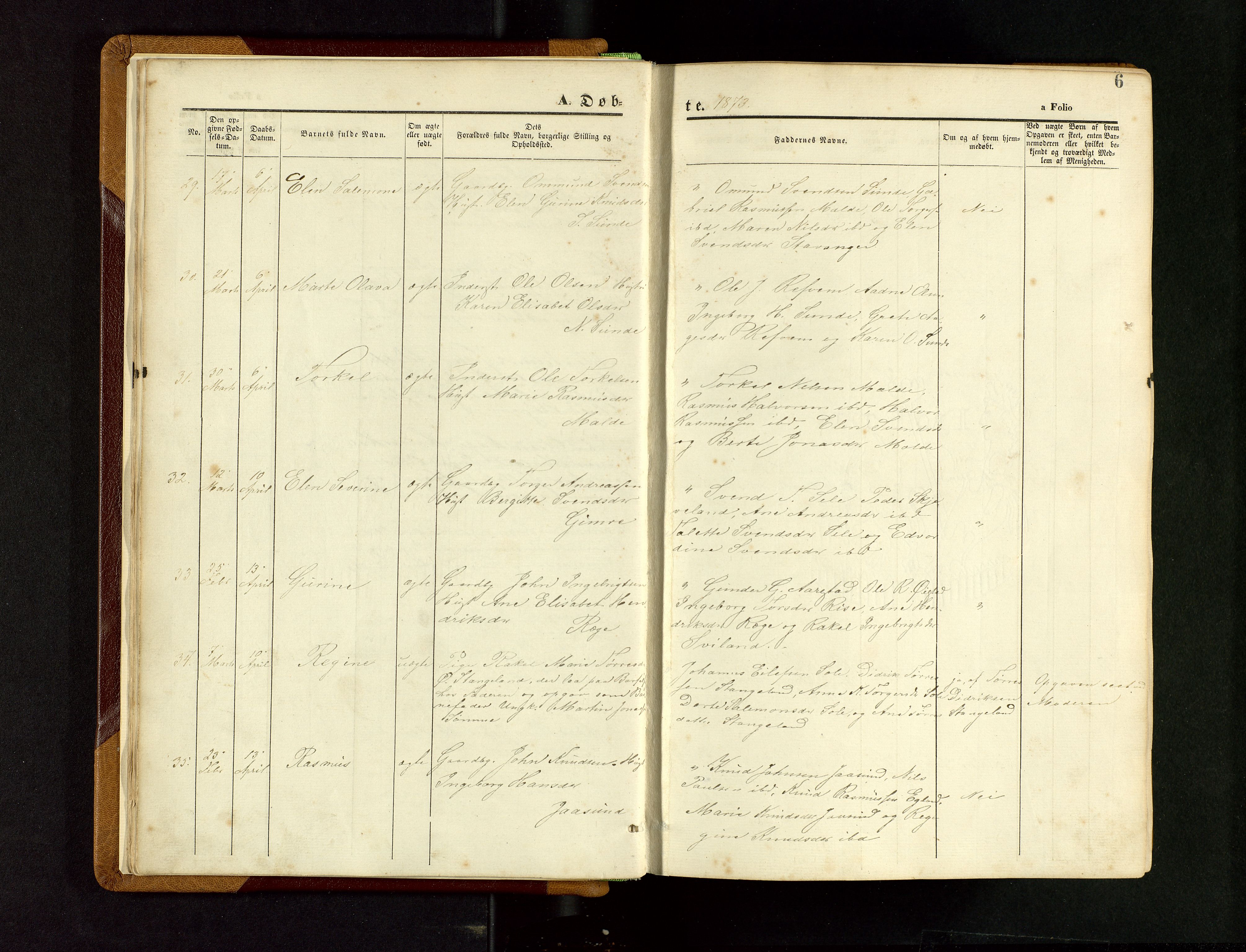 Håland sokneprestkontor, AV/SAST-A-101802/001/30BB/L0003: Parish register (copy) no. B 3, 1873-1893, p. 6